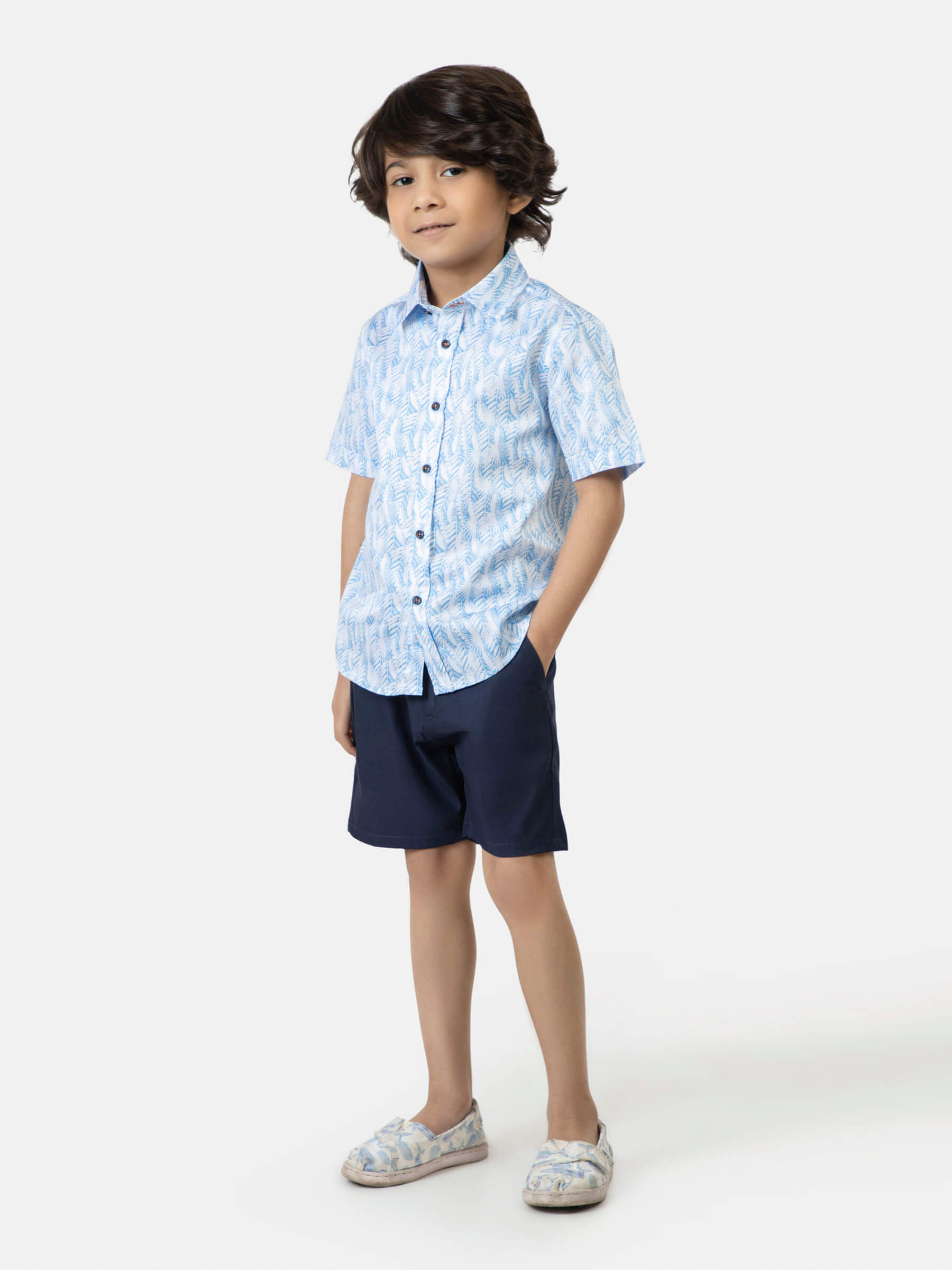 White & Blue Floral Printed Short Sleeve Casual Shirt