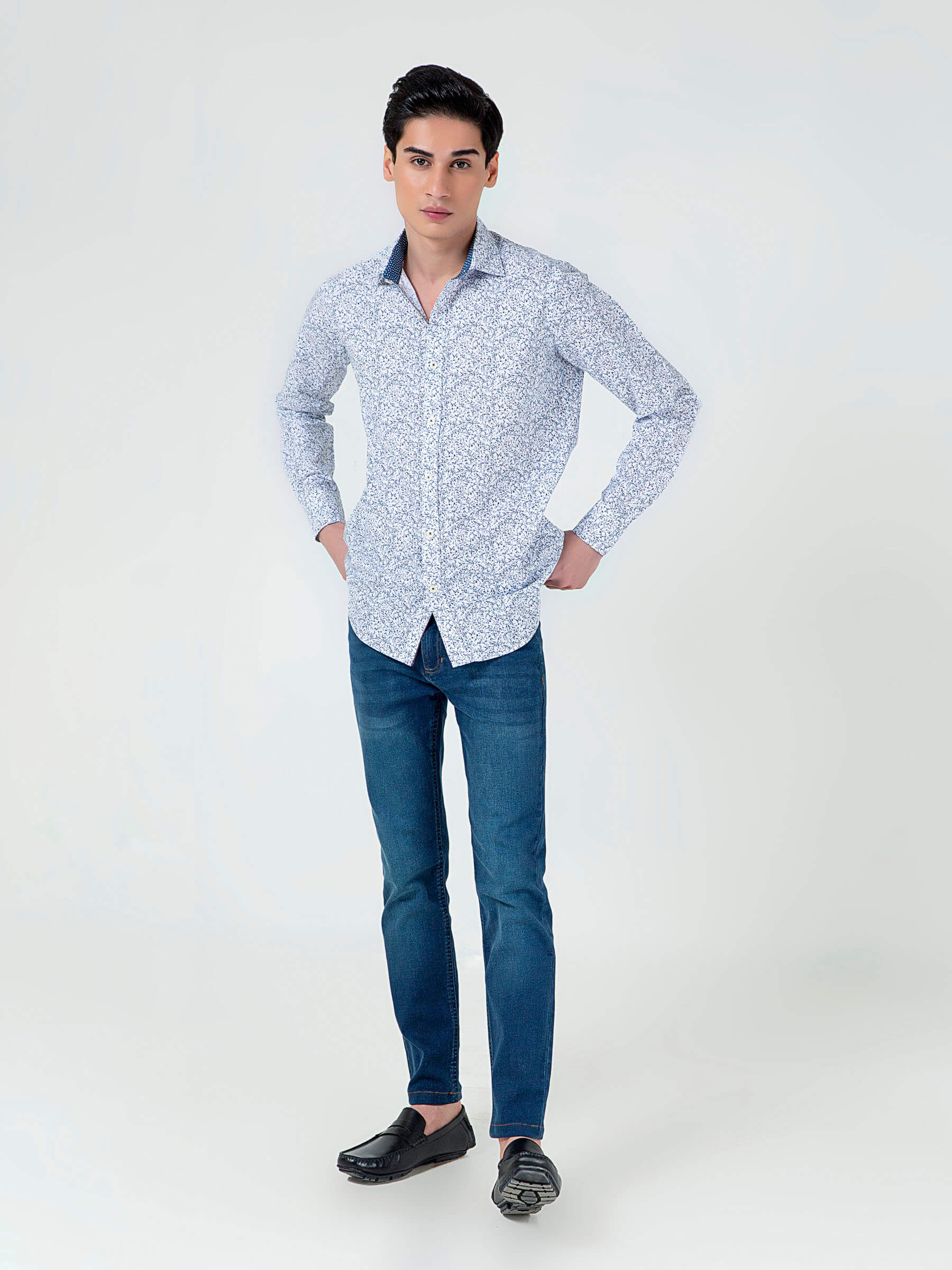 White & Blue Floral Printed With Inside Button Collar