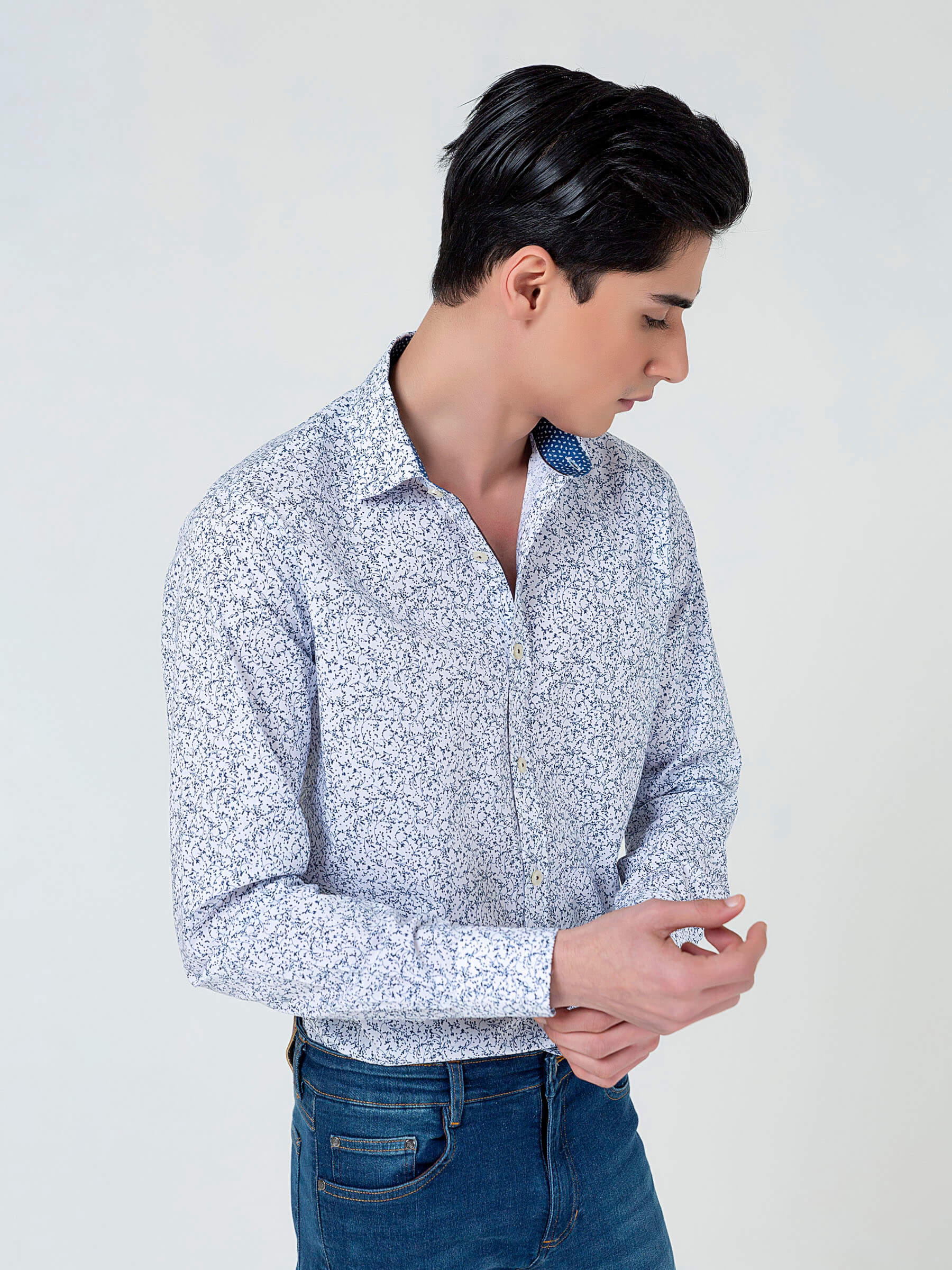 White & Blue Floral Printed With Inside Button Collar