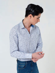 White & Blue Floral Printed With Inside Button Collar