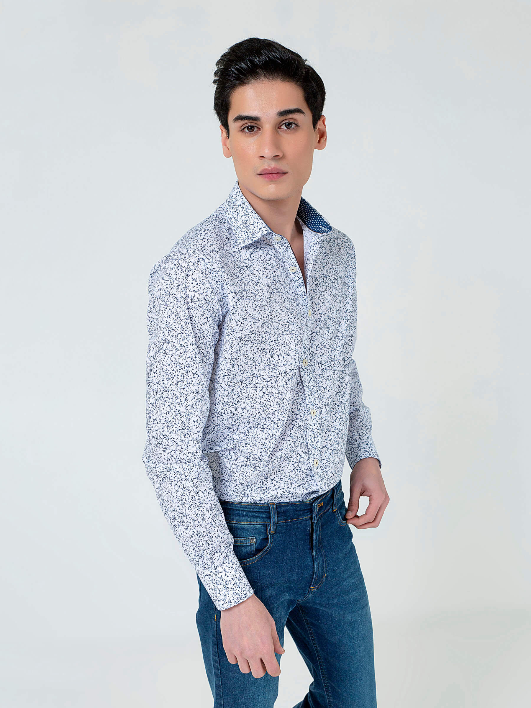White & Blue Floral Printed With Inside Button Collar