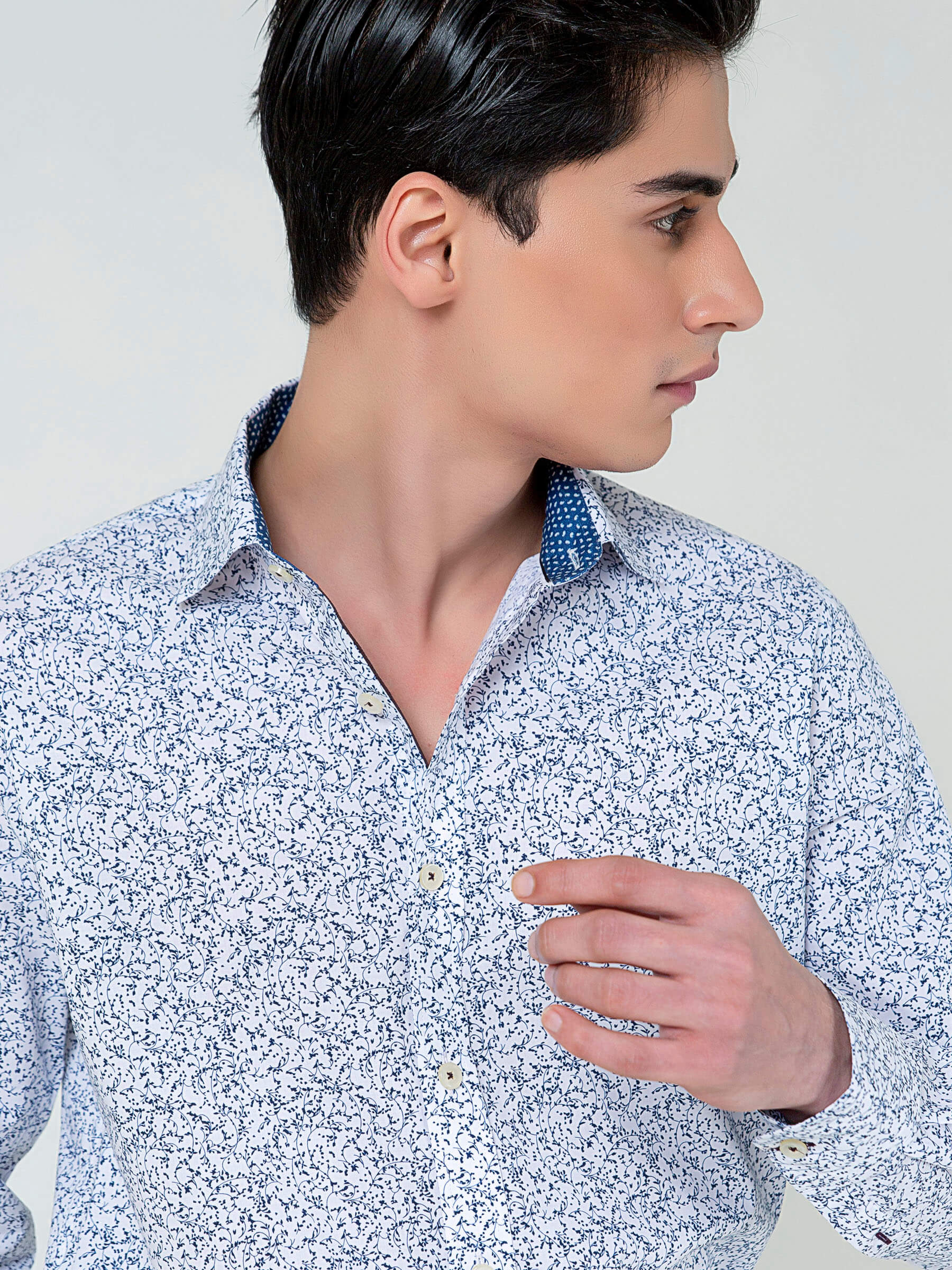 White & Blue Floral Printed With Inside Button Collar