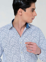 White & Blue Floral Printed With Inside Button Collar