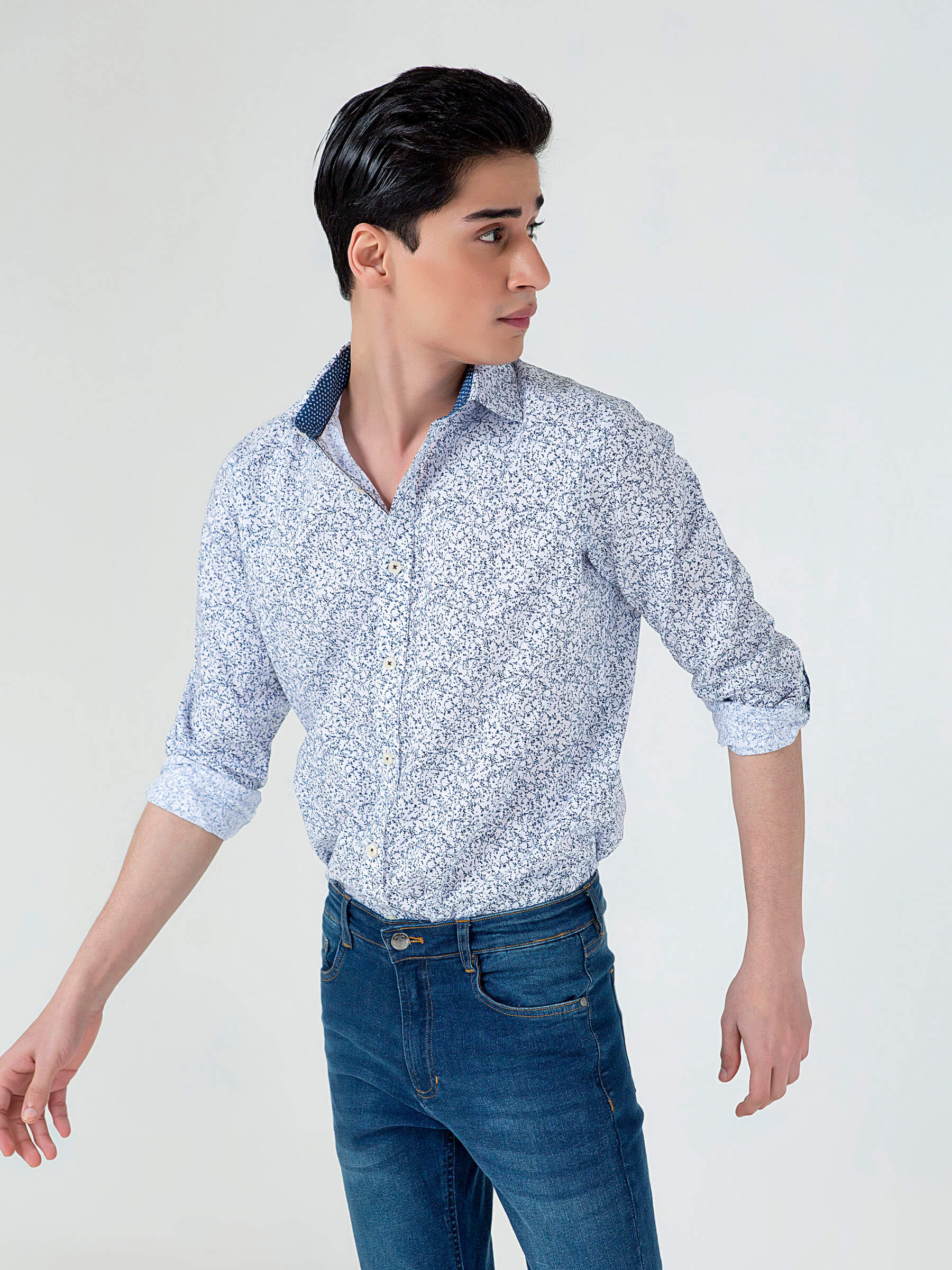White & Blue Floral Printed With Inside Button Collar