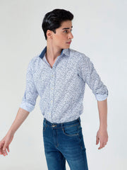 White & Blue Floral Printed With Inside Button Collar