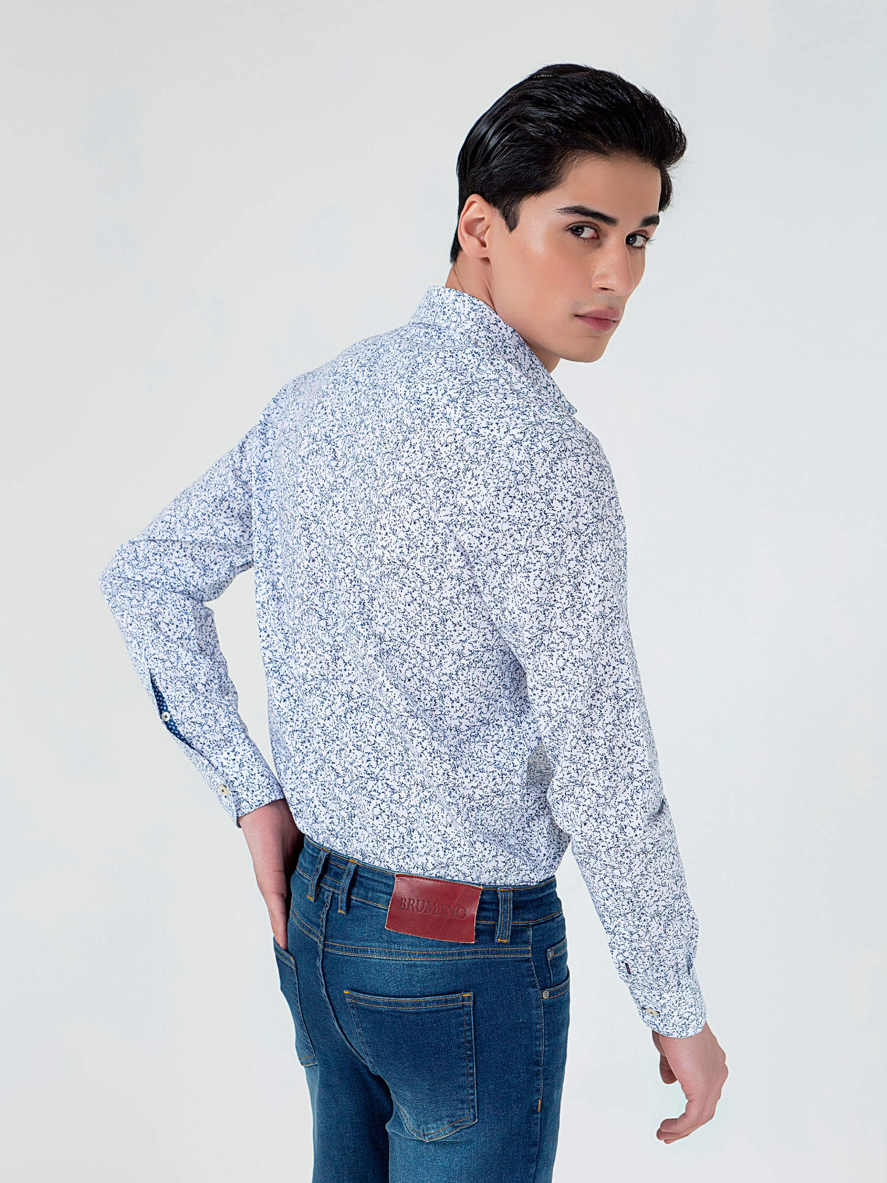 White & Blue Floral Printed With Inside Button Collar