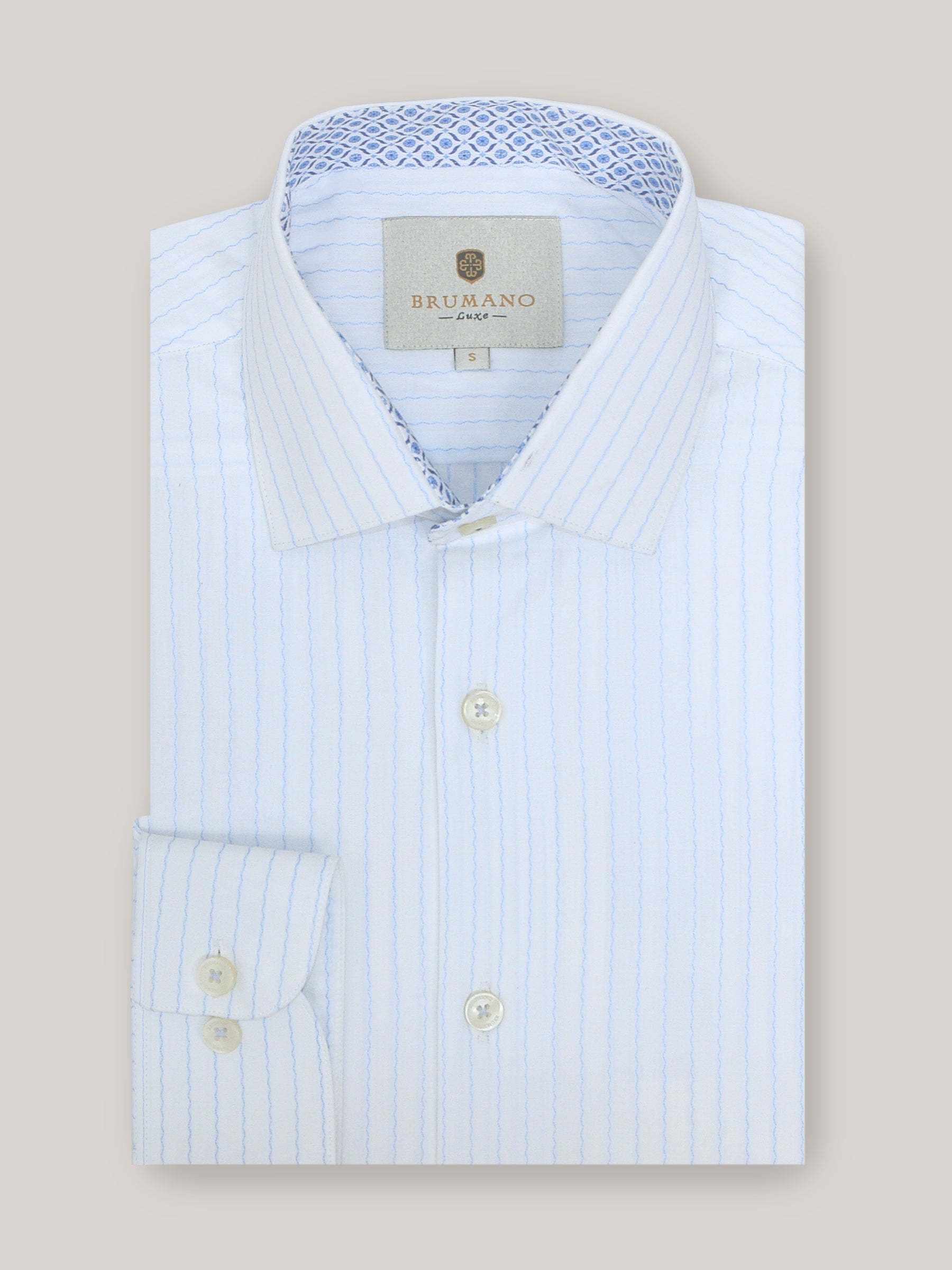 White & Blue Formal Shirt With Printed Collar