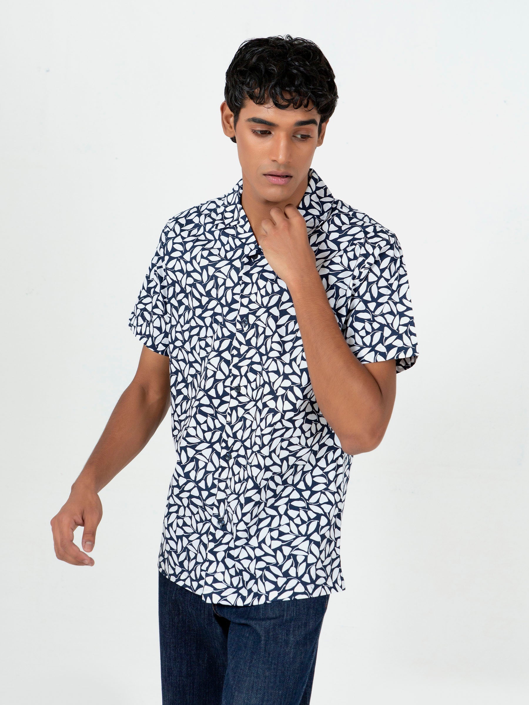 White & Blue Printed Half Sleeve Cuban Collar Shirt