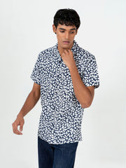 White & Blue Printed Half Sleeve Cuban Collar Shirt