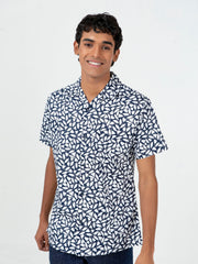 White & Blue Printed Half Sleeve Cuban Collar Shirt