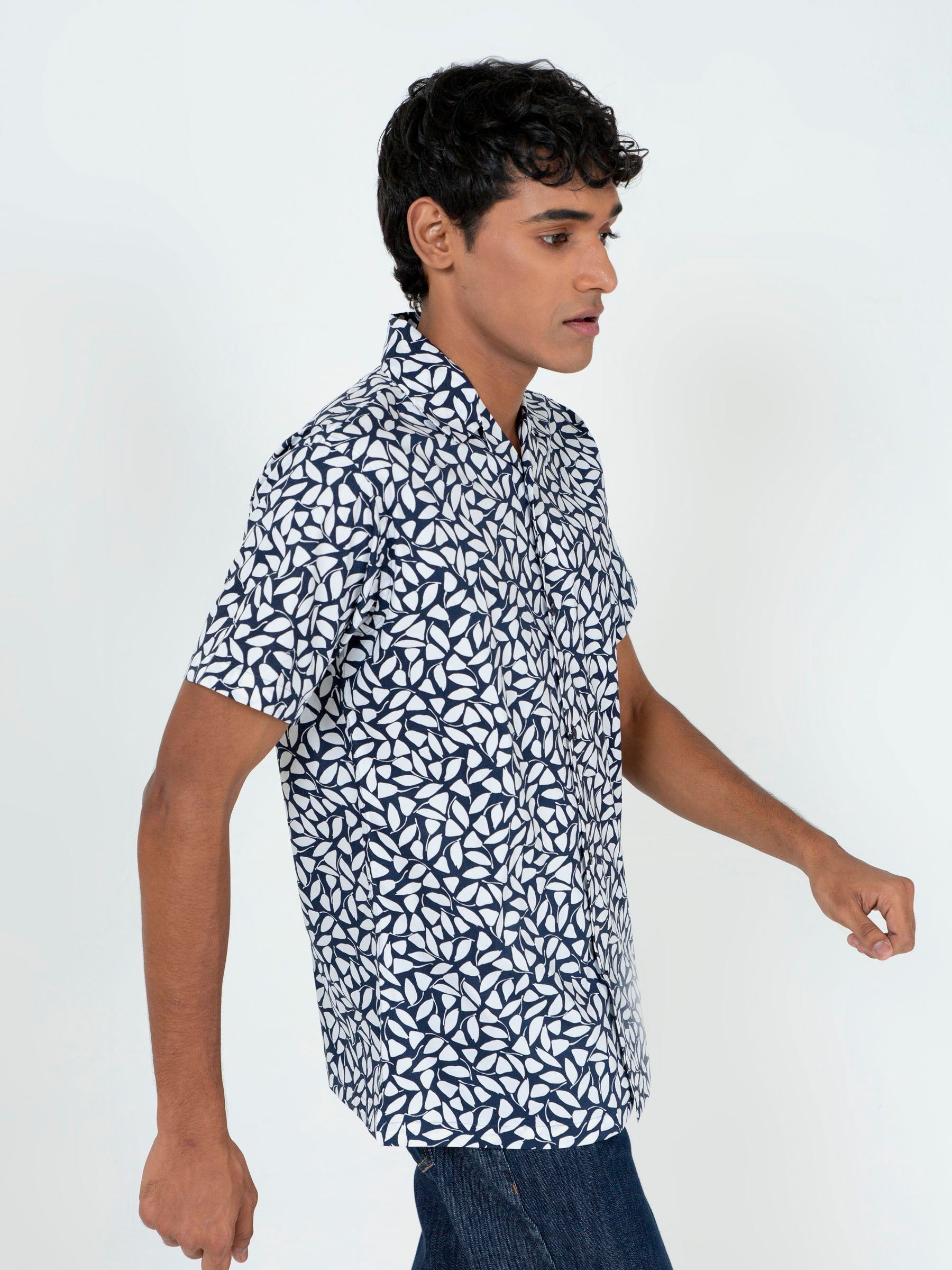 White & Blue Printed Half Sleeve Cuban Collar Shirt