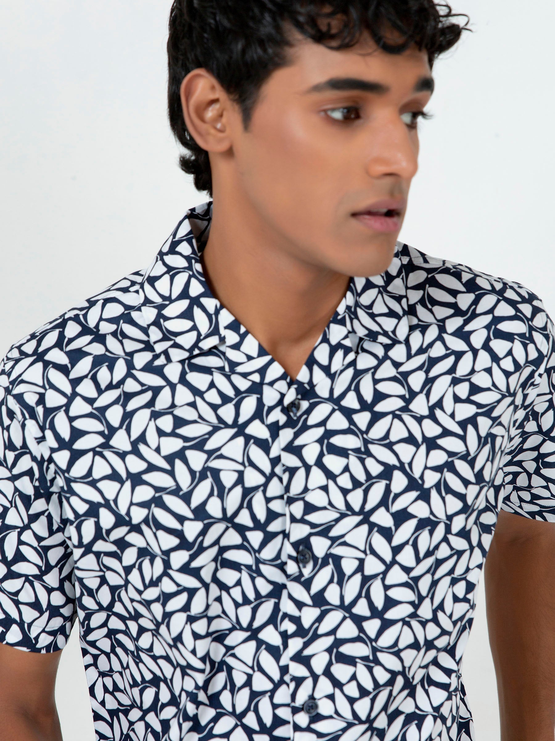 White & Blue Printed Half Sleeve Cuban Collar Shirt