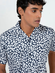 White & Blue Printed Half Sleeve Cuban Collar Shirt