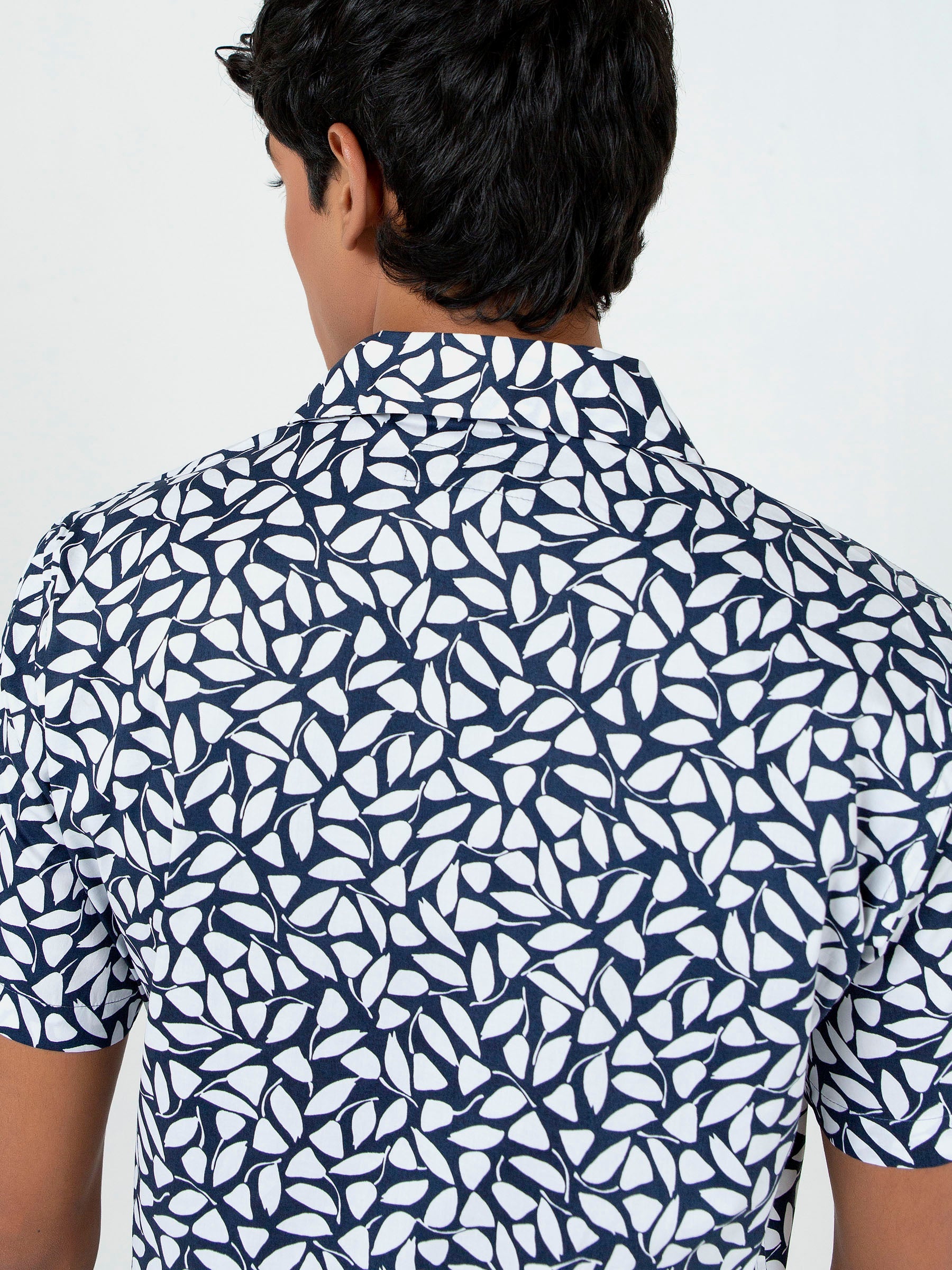 White & Blue Printed Half Sleeve Cuban Collar Shirt