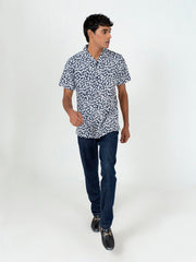 White & Blue Printed Half Sleeve Cuban Collar Shirt