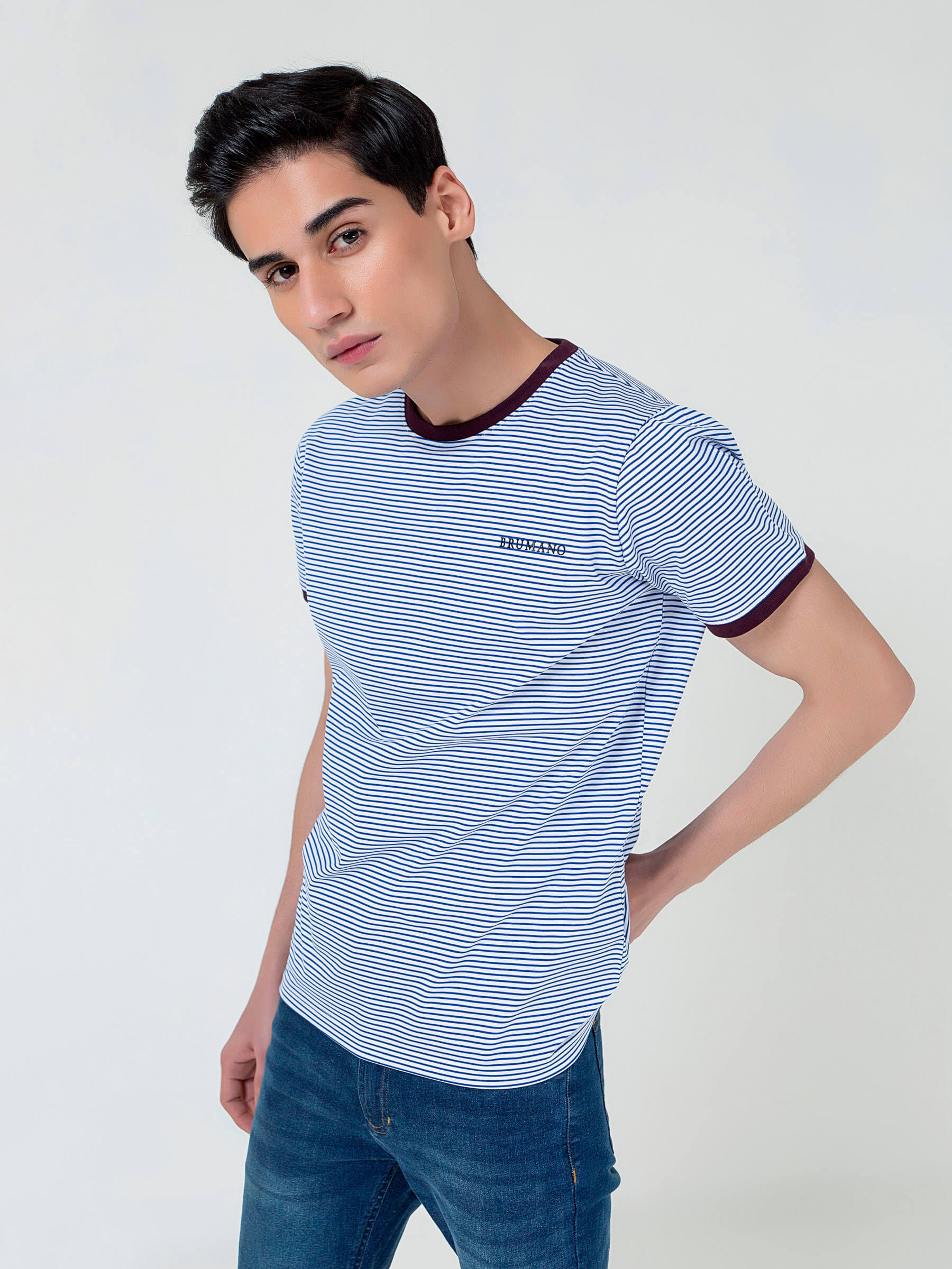 White & Blue Striped Crew Neck T-Shirt