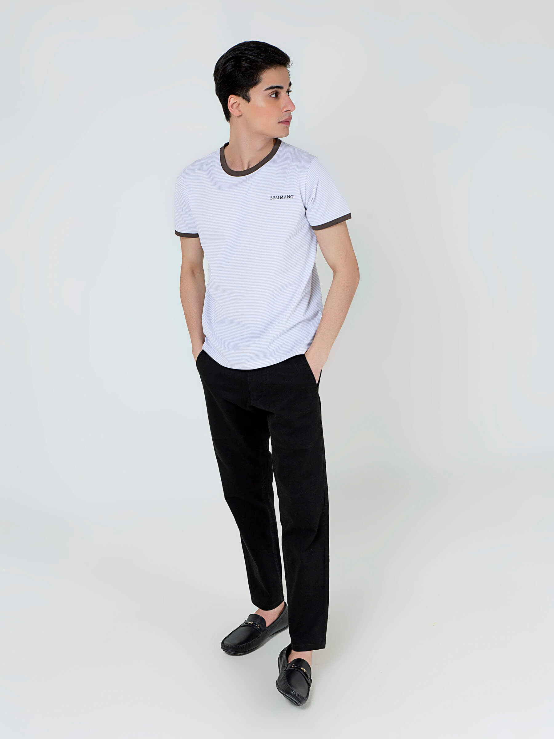 White & Grey Striped Crew Neck T-Shirt