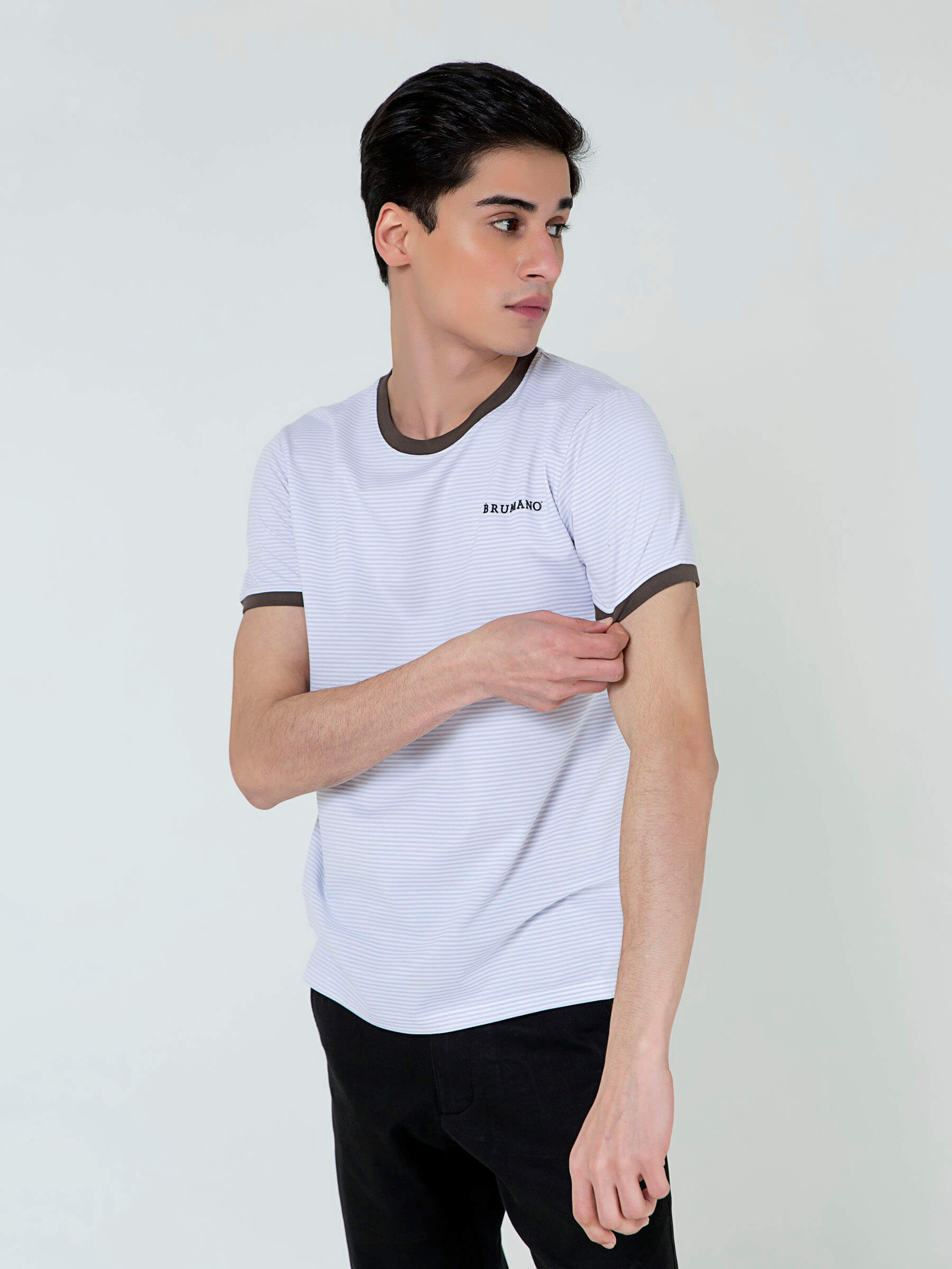 White & Grey Striped Crew Neck T-Shirt