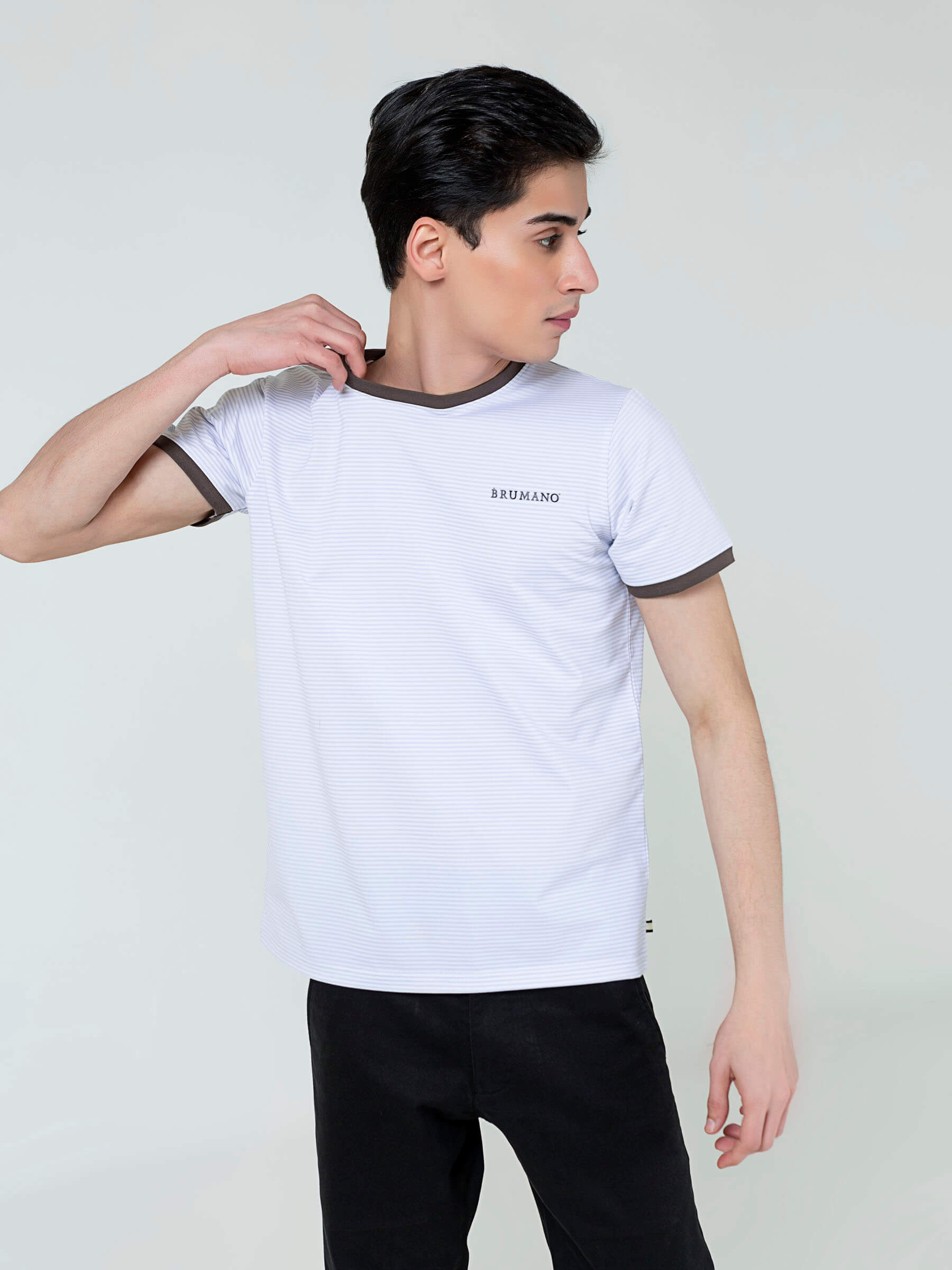 White & Grey Striped Crew Neck T-Shirt