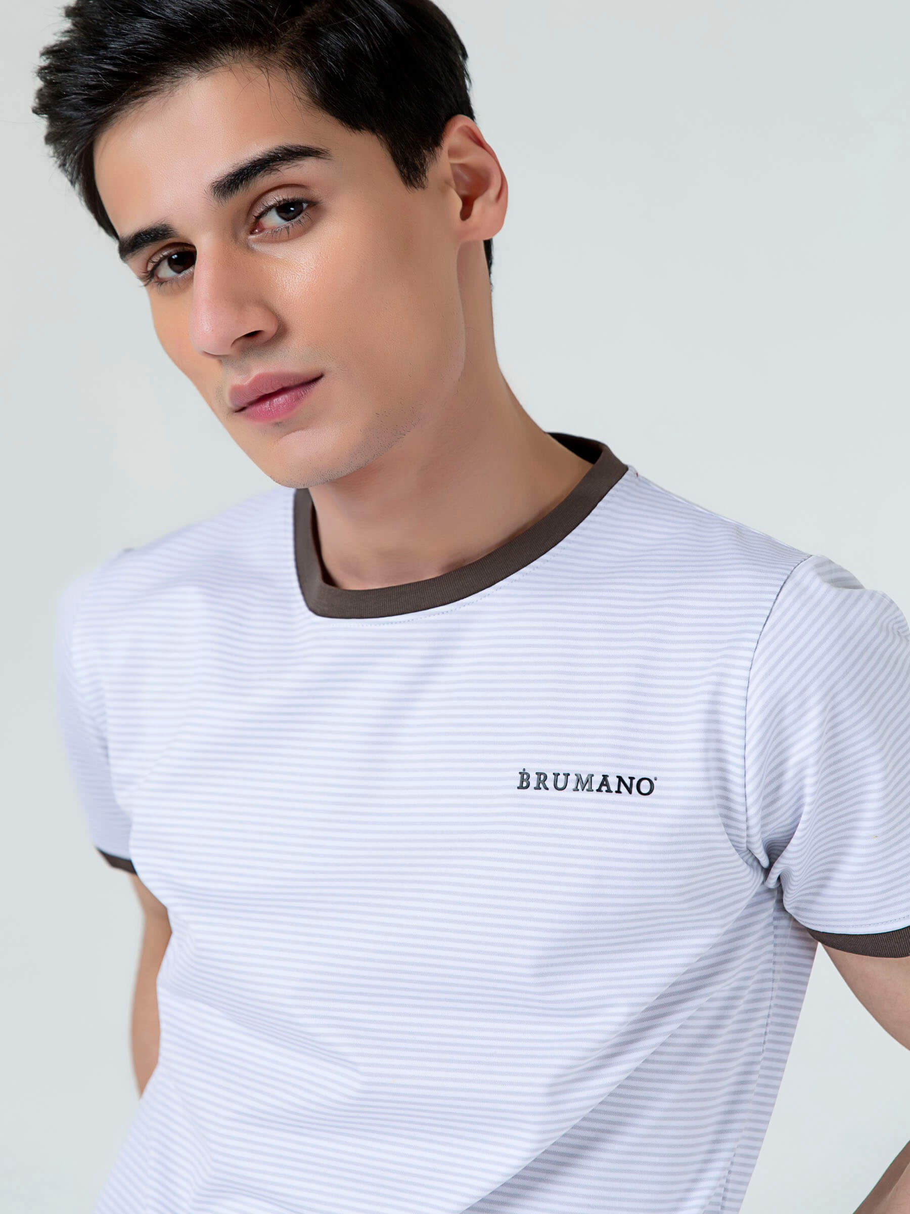 White & Grey Striped Crew Neck T-Shirt