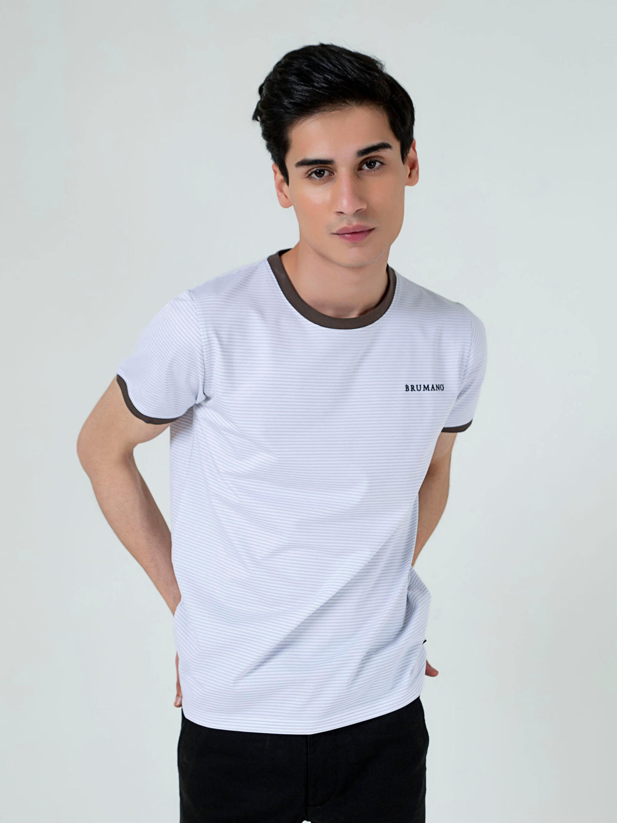 White & Grey Striped Crew Neck T-Shirt