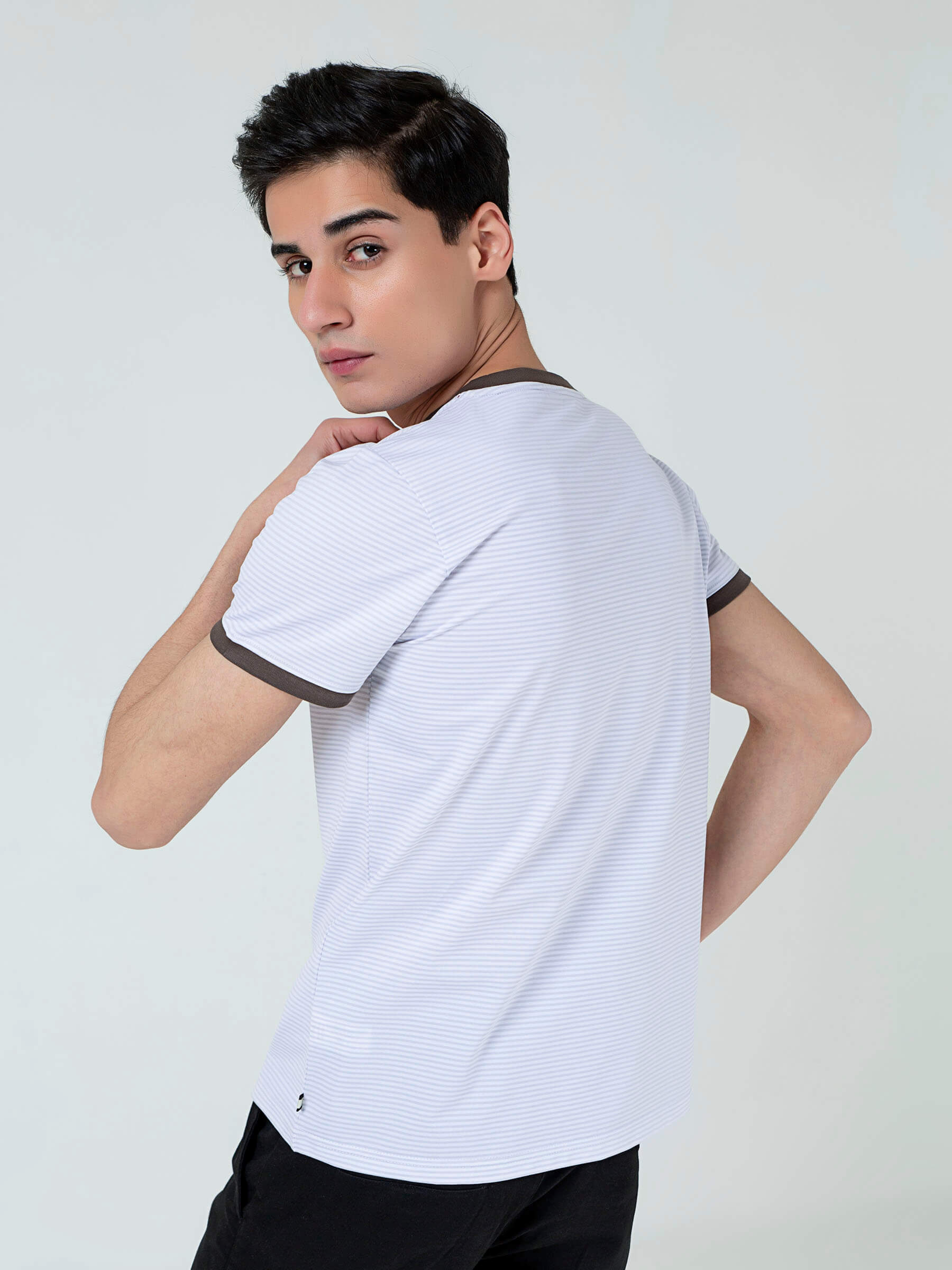 White & Grey Striped Crew Neck T-Shirt