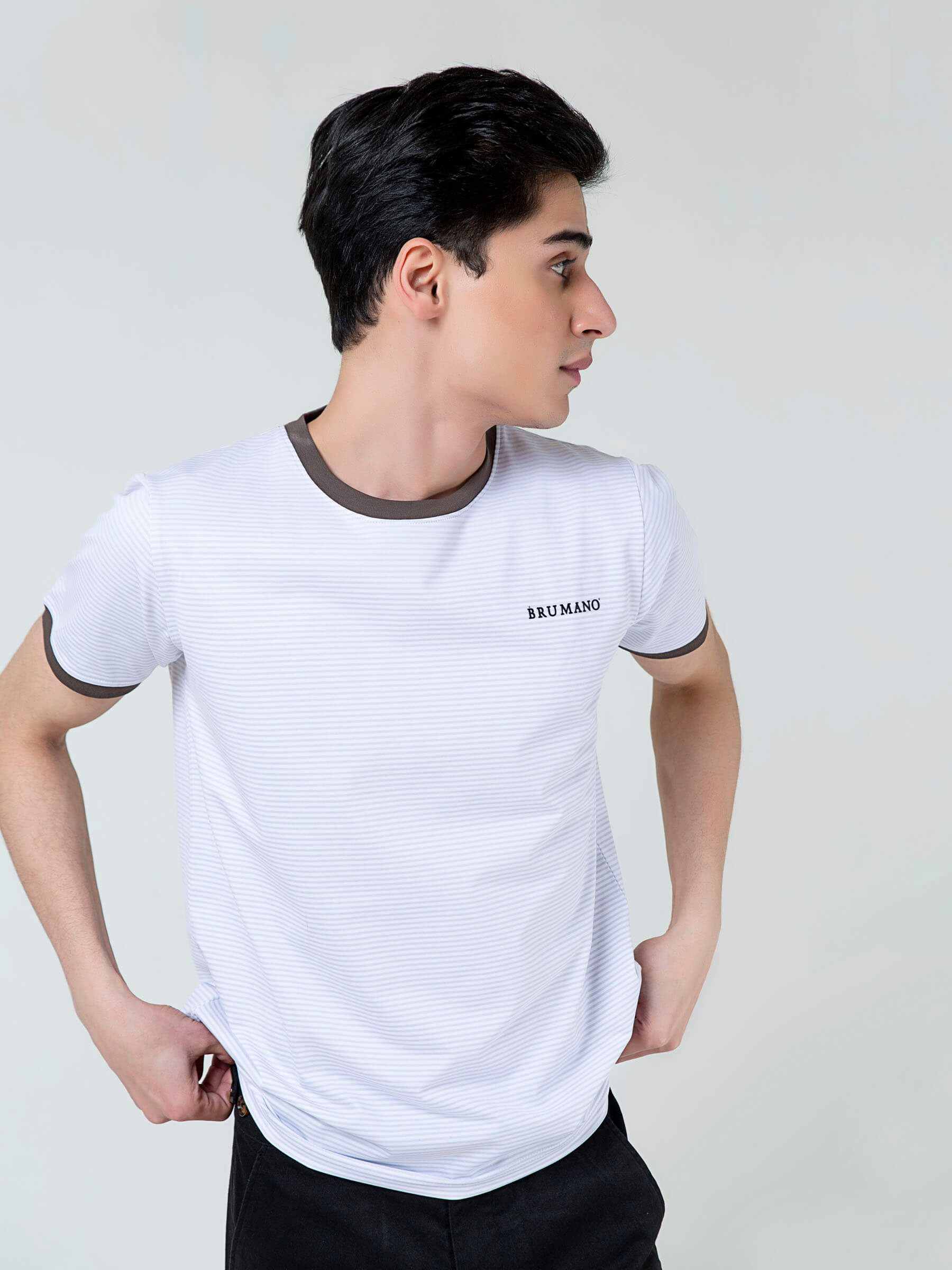 White & Grey Striped Crew Neck T-Shirt