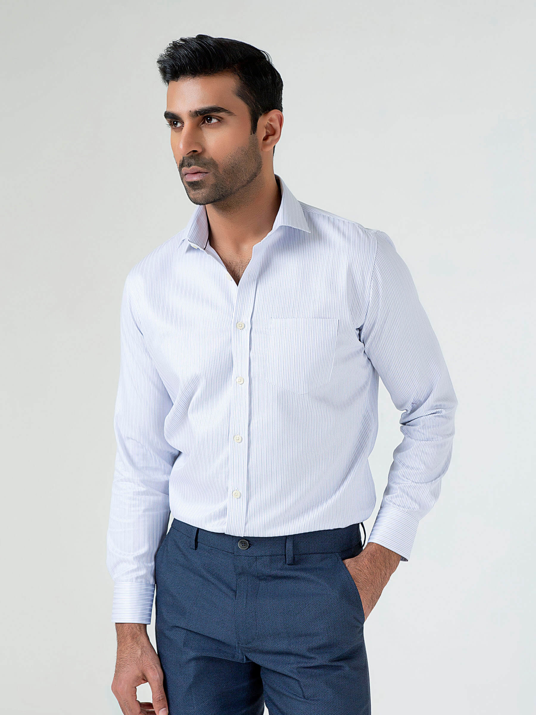 White & Grey Striped Formal Shirt