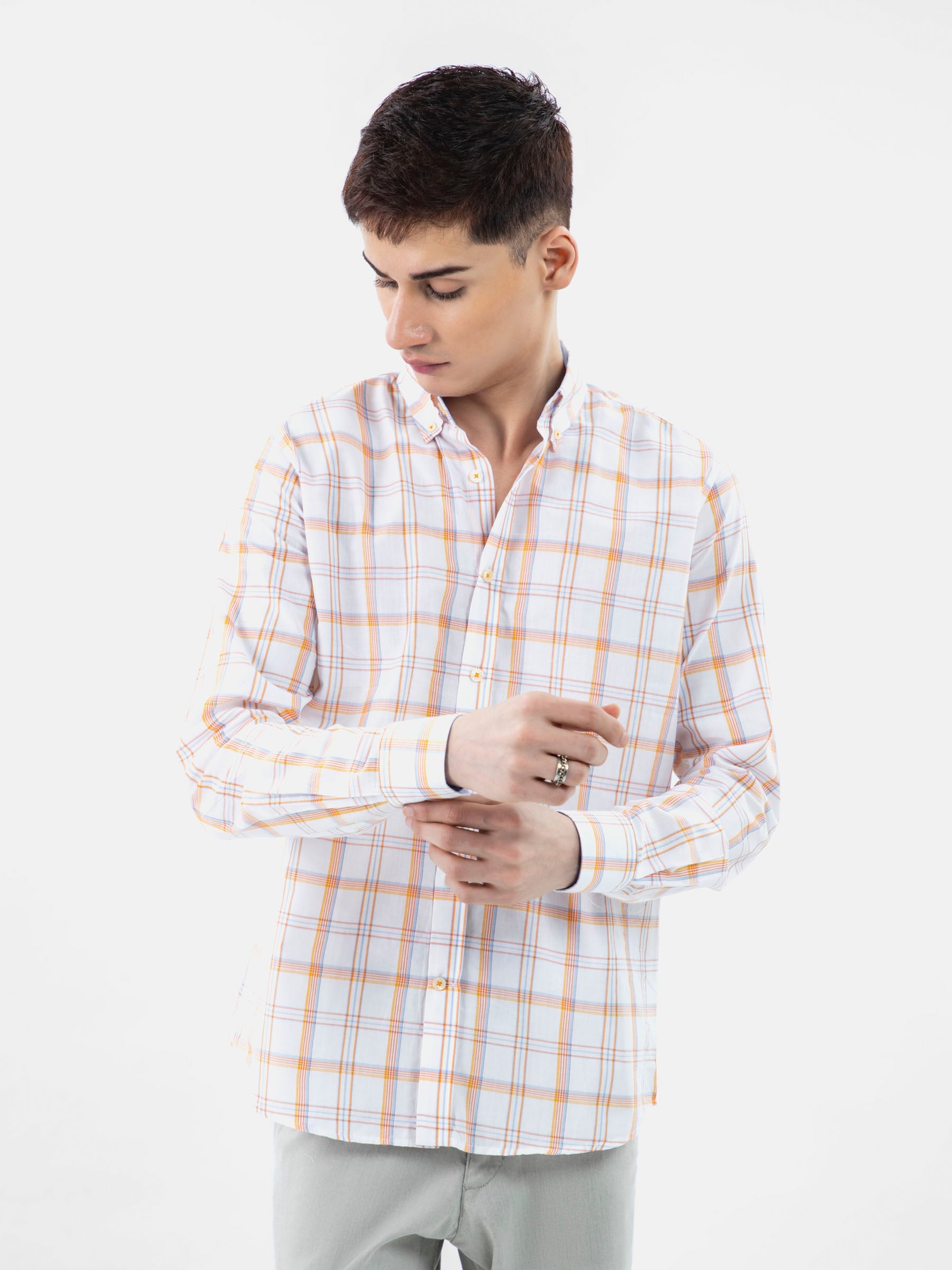 White & Orange Checkered Button Down Shirt