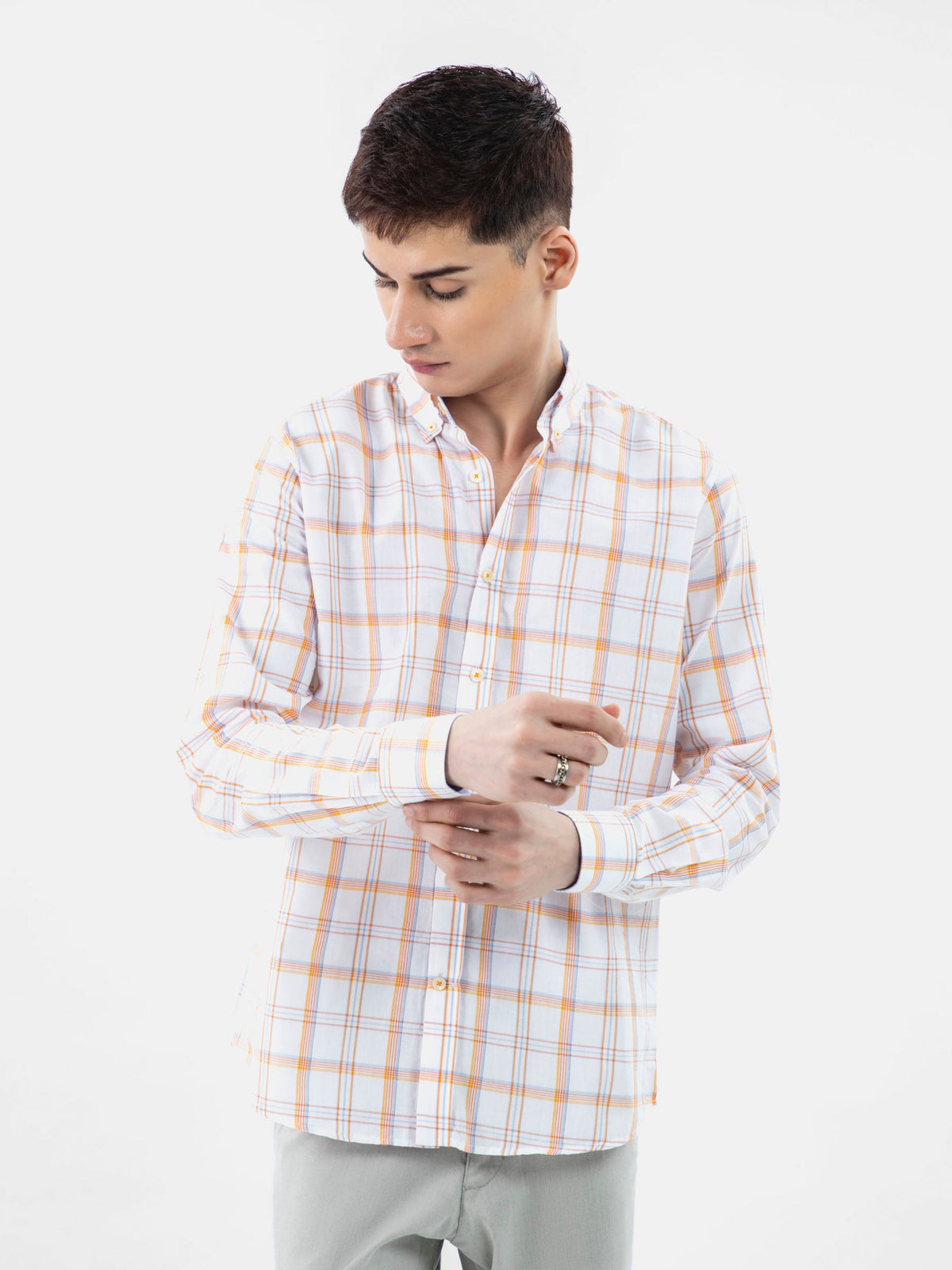 White & Orange Checkered Button Down Shirt