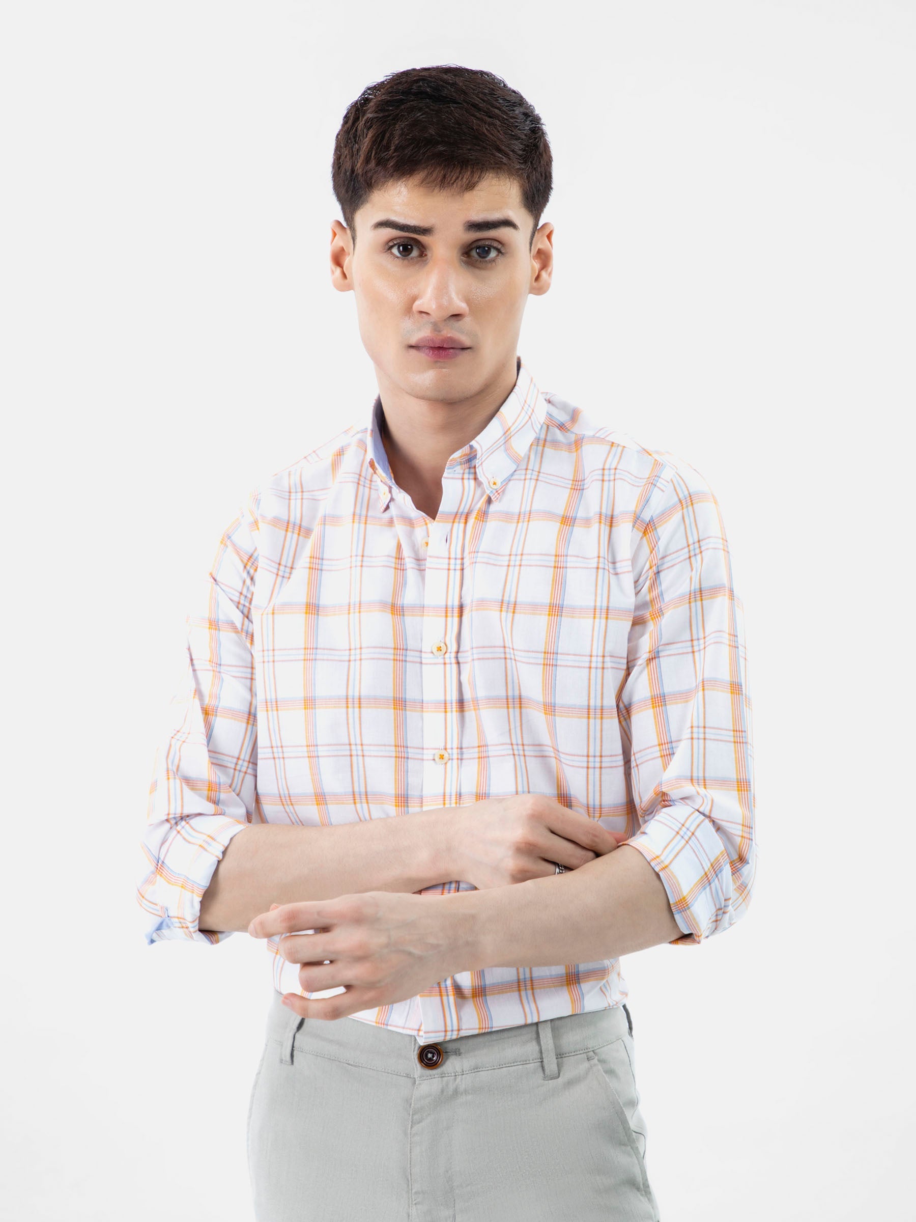 White & Orange Checkered Button Down Shirt