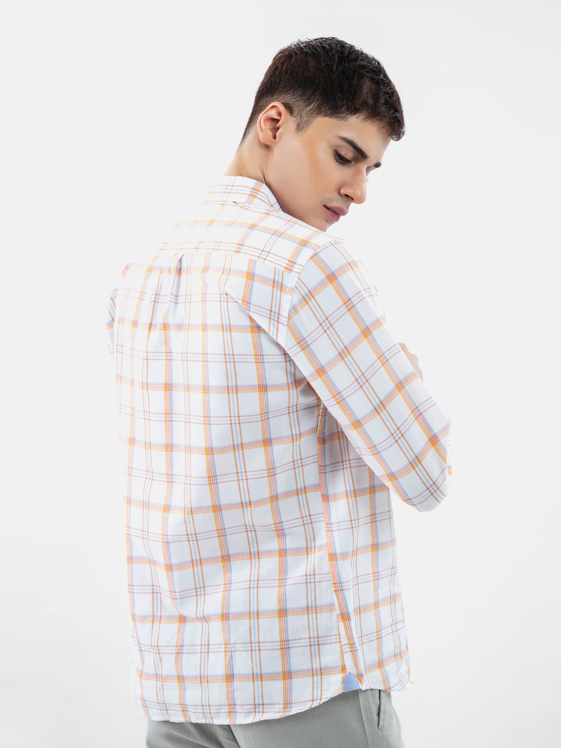 White & Orange Checkered Button Down Shirt