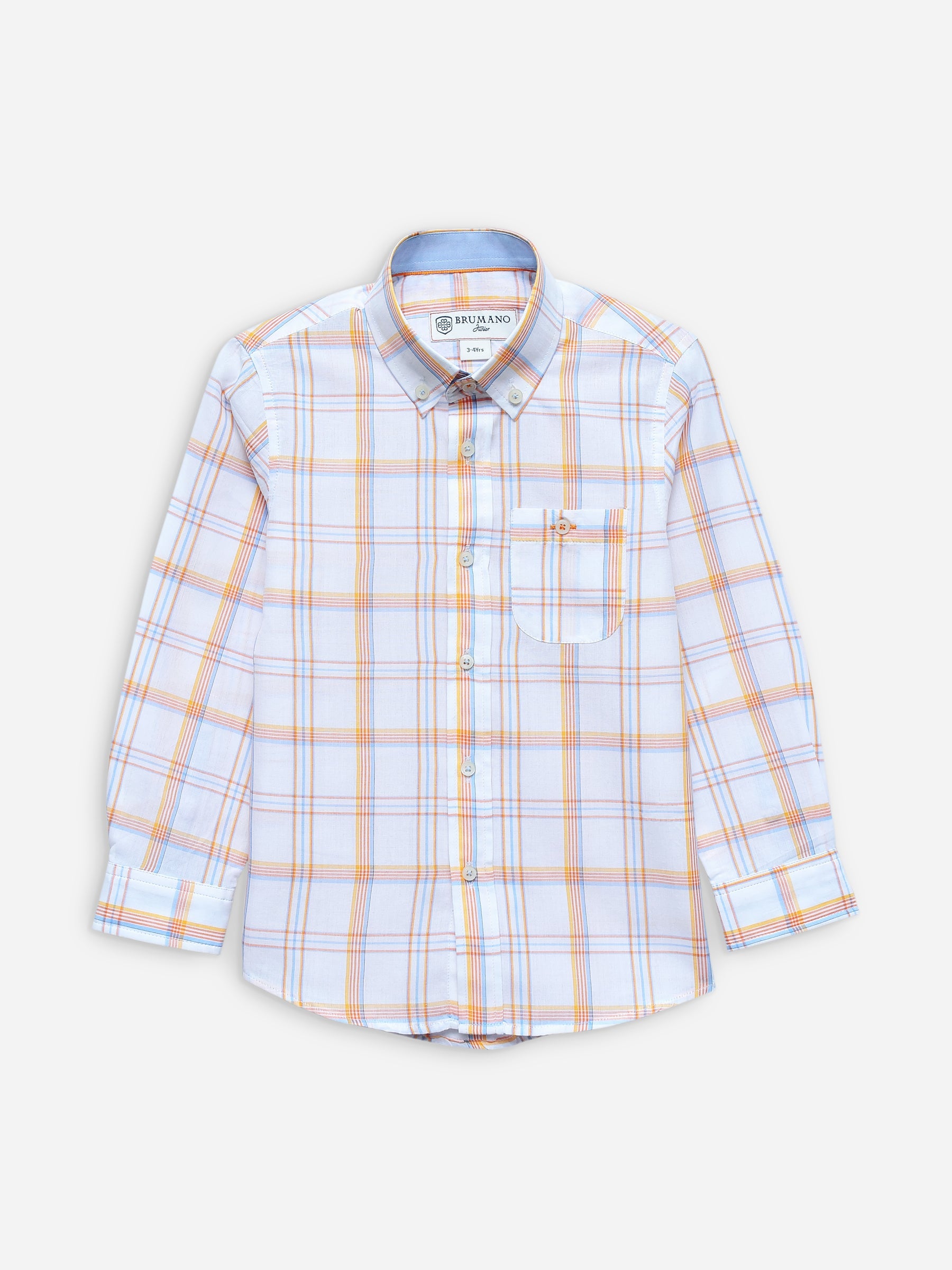 White & Orange Checkered Long Sleeve Casual Shirt