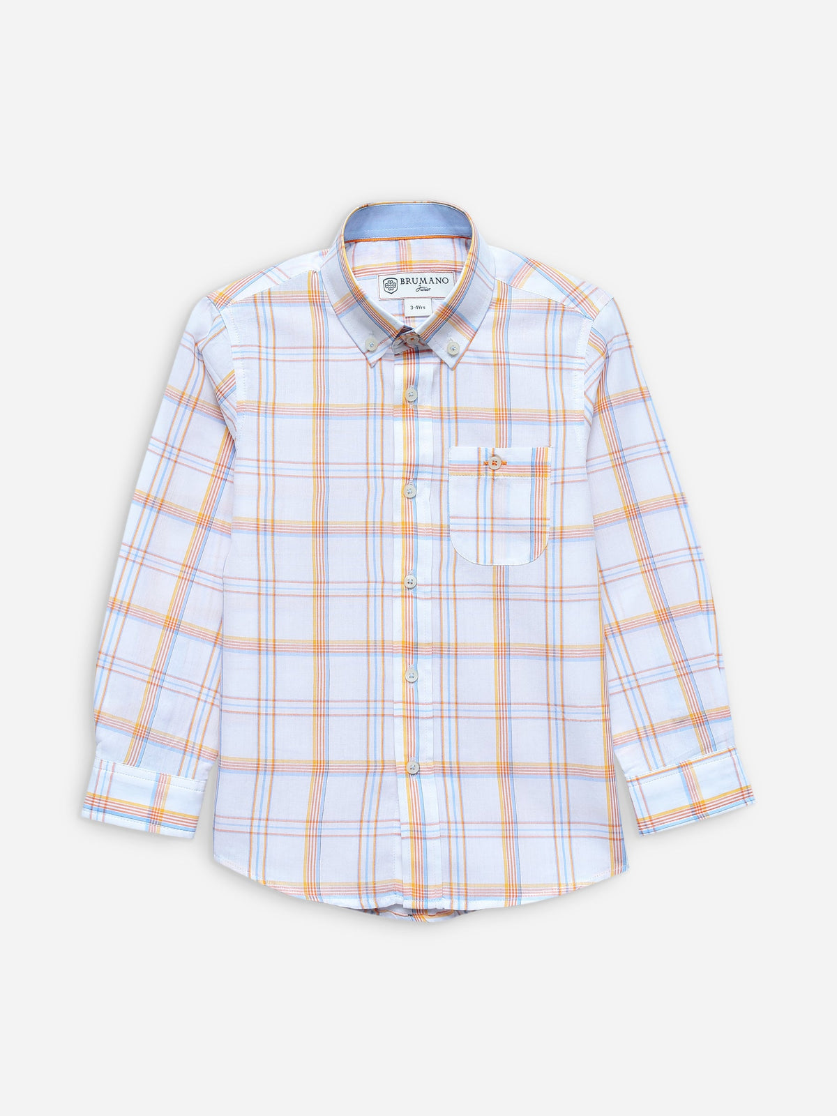 White & Orange Checkered Long Sleeve Casual Shirt
