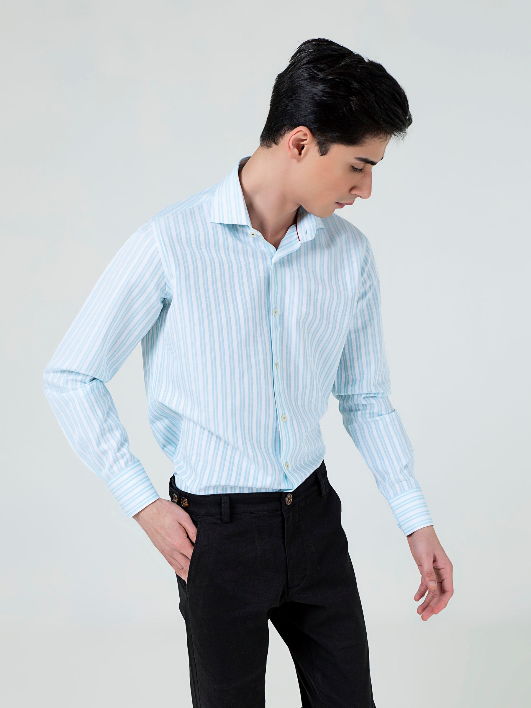White & Turquoise Structured Striped Shirt