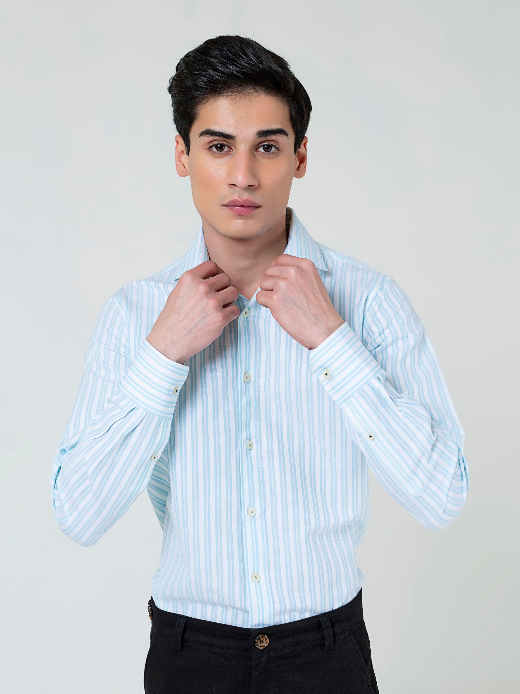 White & Turquoise Structured Striped Shirt