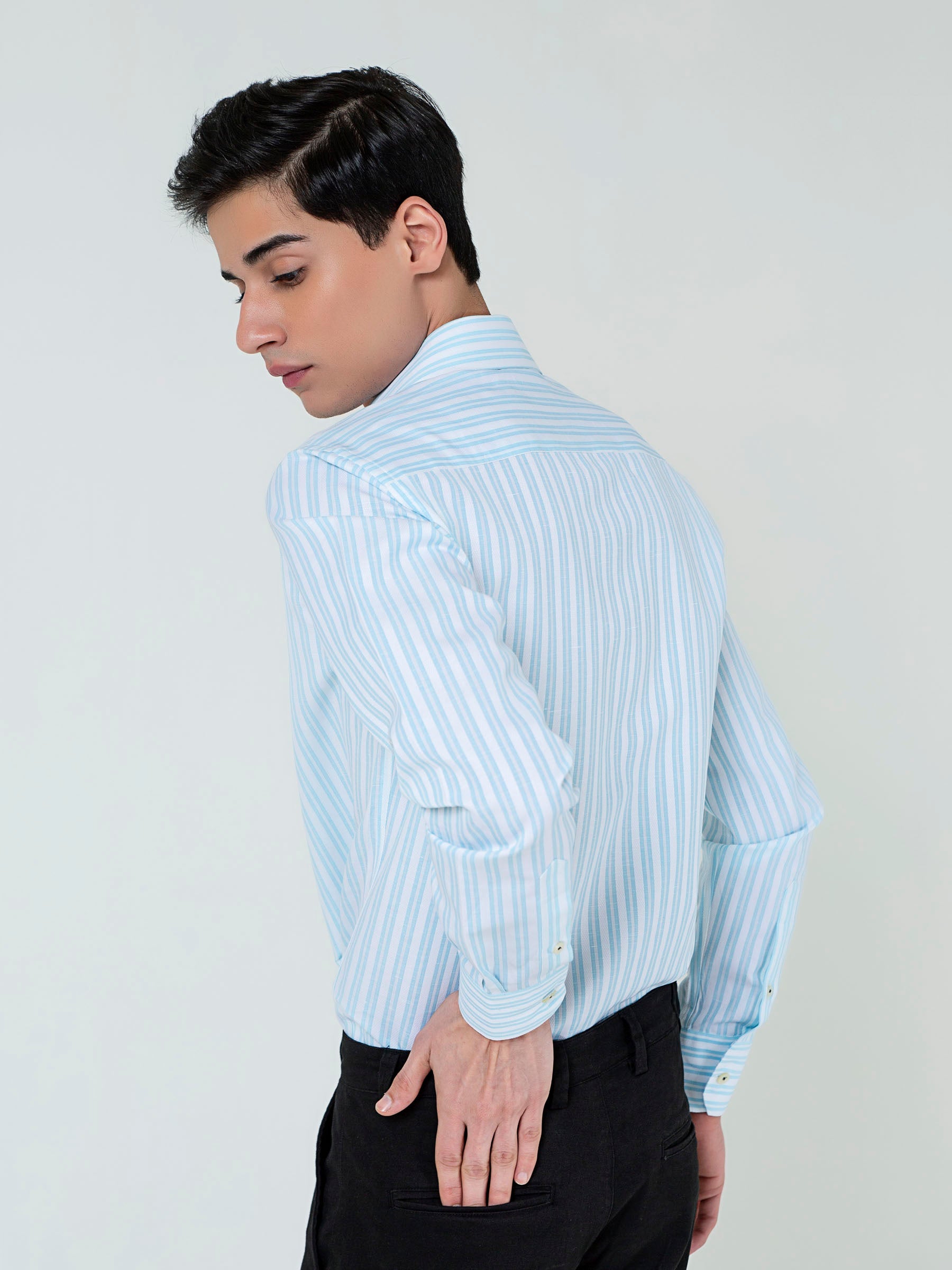 White & Turquoise Structured Striped Shirt