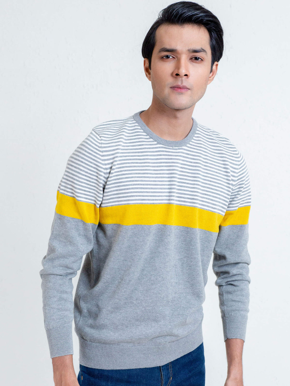 Yellow & Grey Contrasting Striped Sweater
