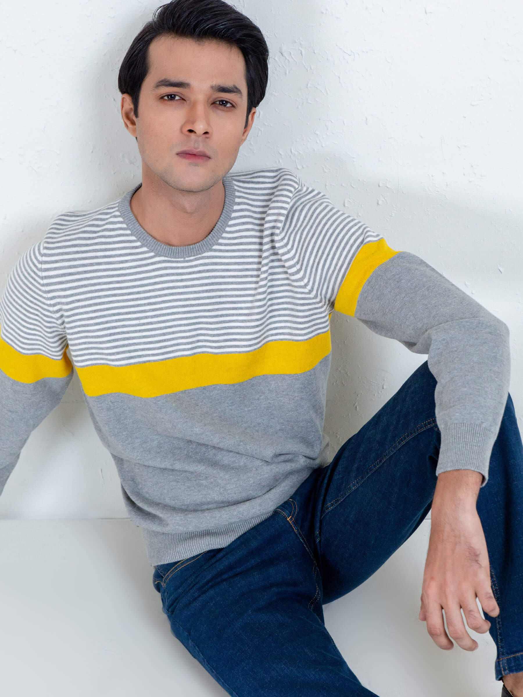 Yellow & Grey Contrasting Striped Sweater