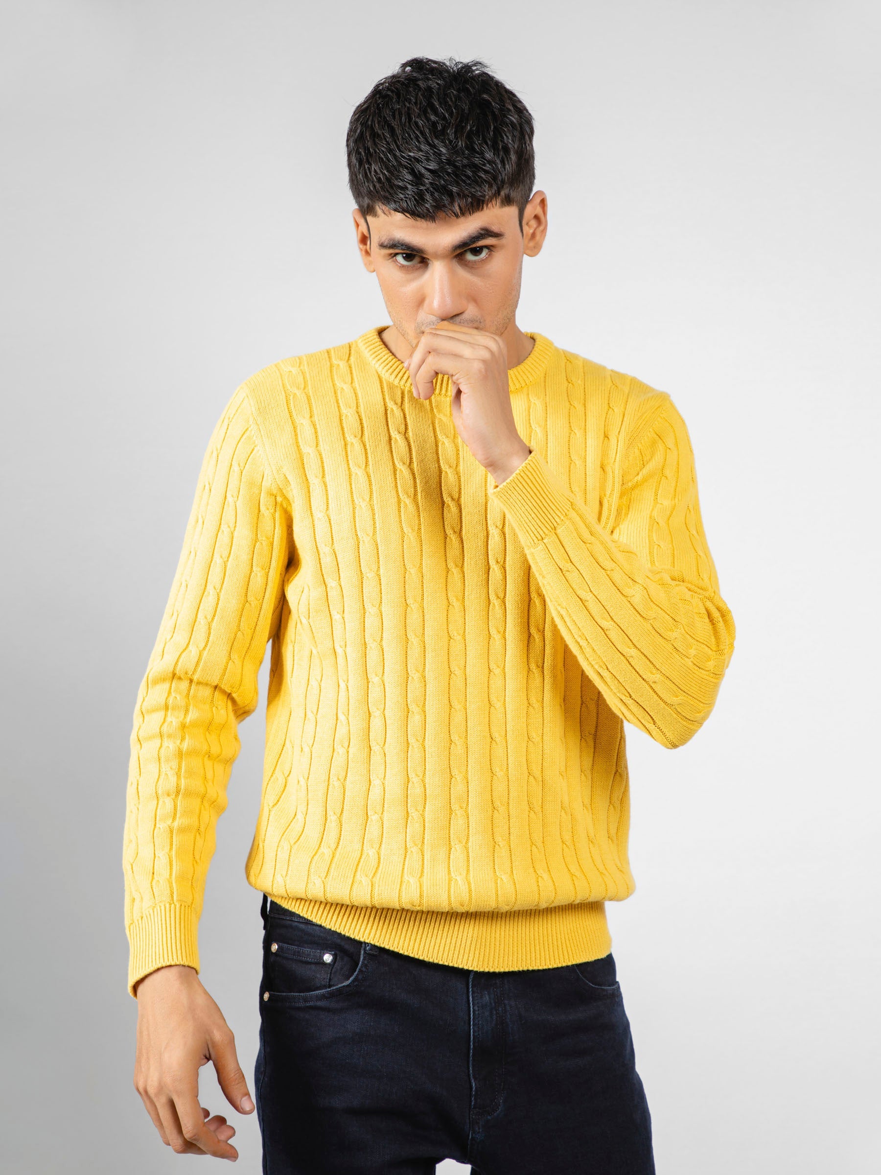 Yellow Cable Knitted Crew Neck Jumper