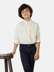 Yellow Striped 100% Linen Mao Collar Casual Shirt