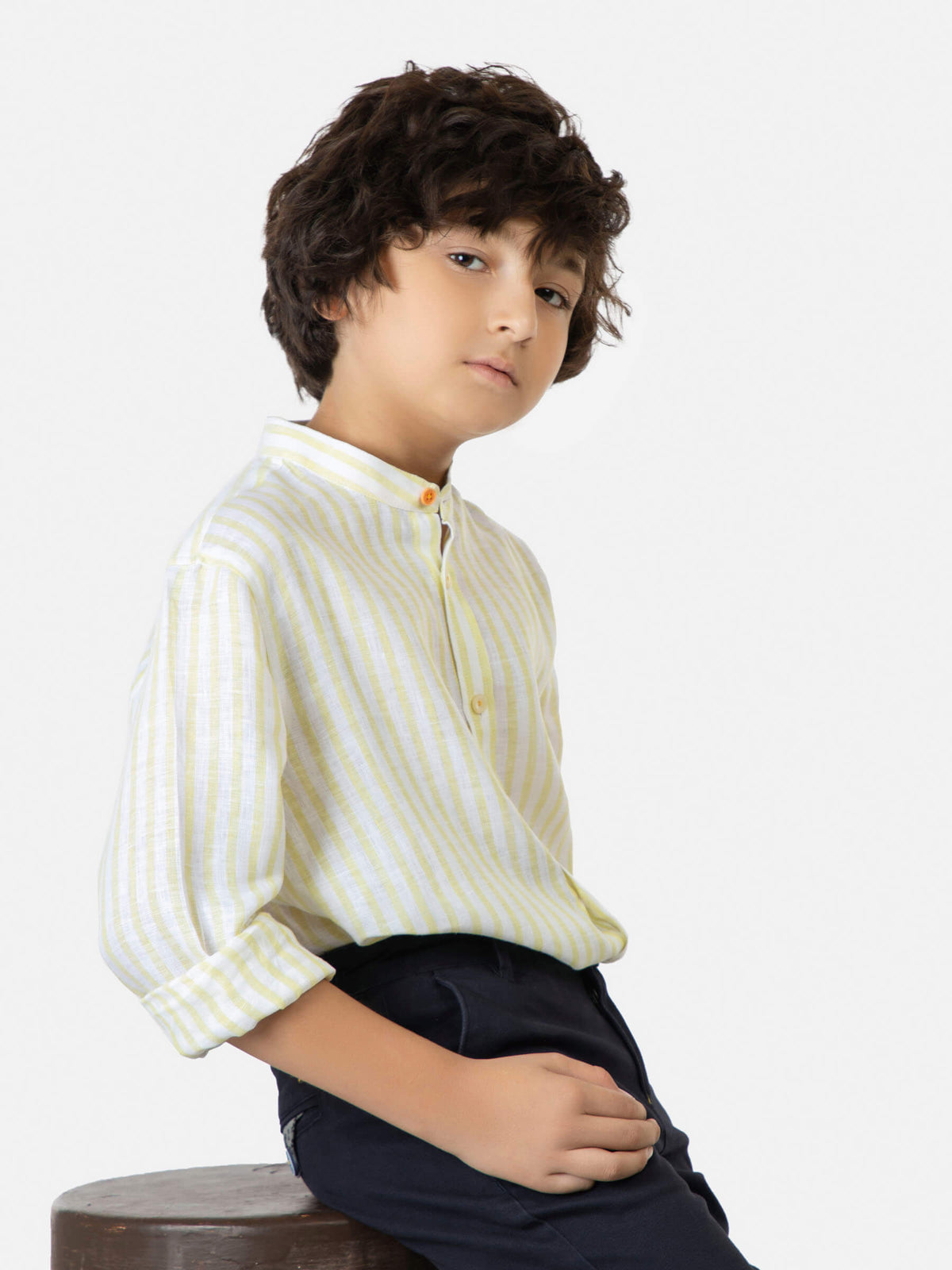 Yellow Striped 100% Linen Mao Collar Casual Shirt