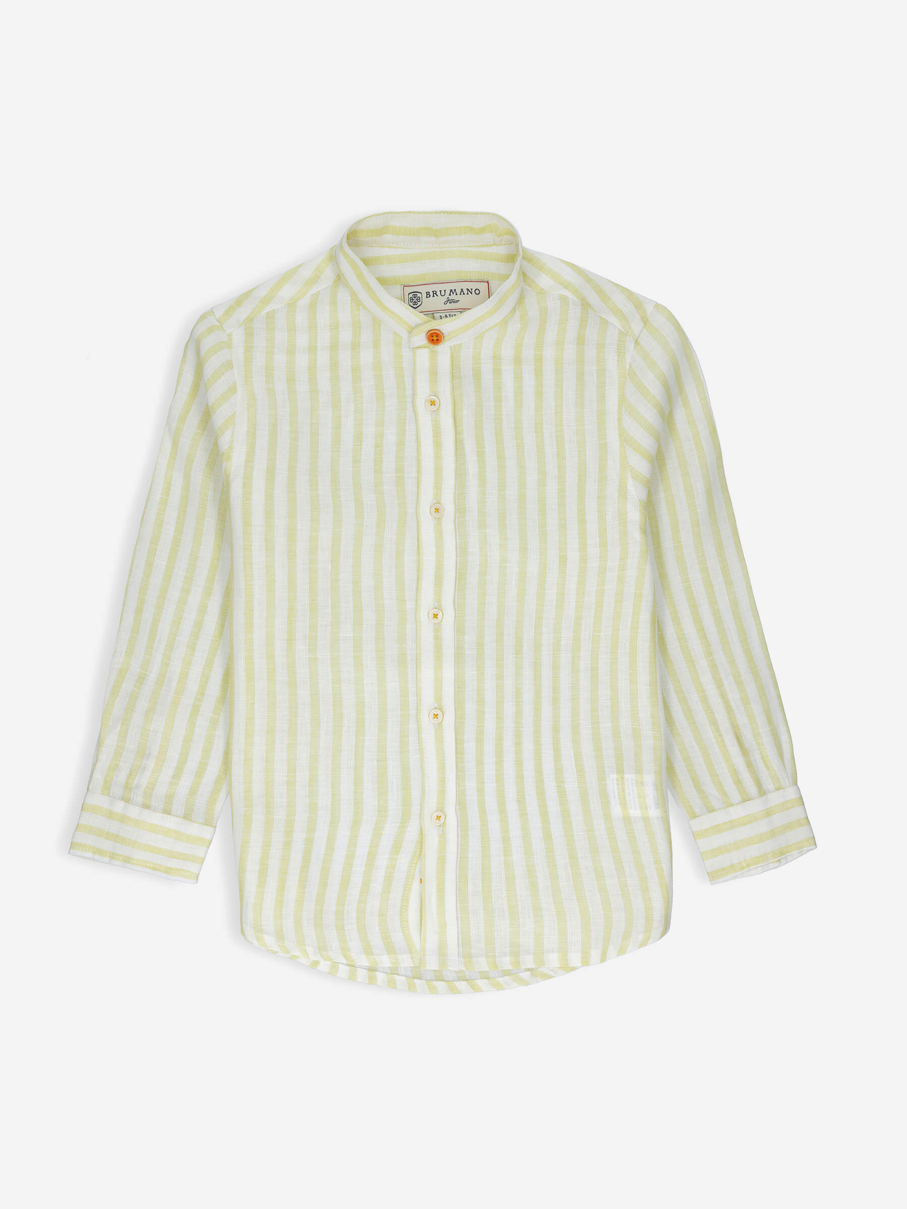 Yellow Striped 100% Linen Mao Collar Casual Shirt