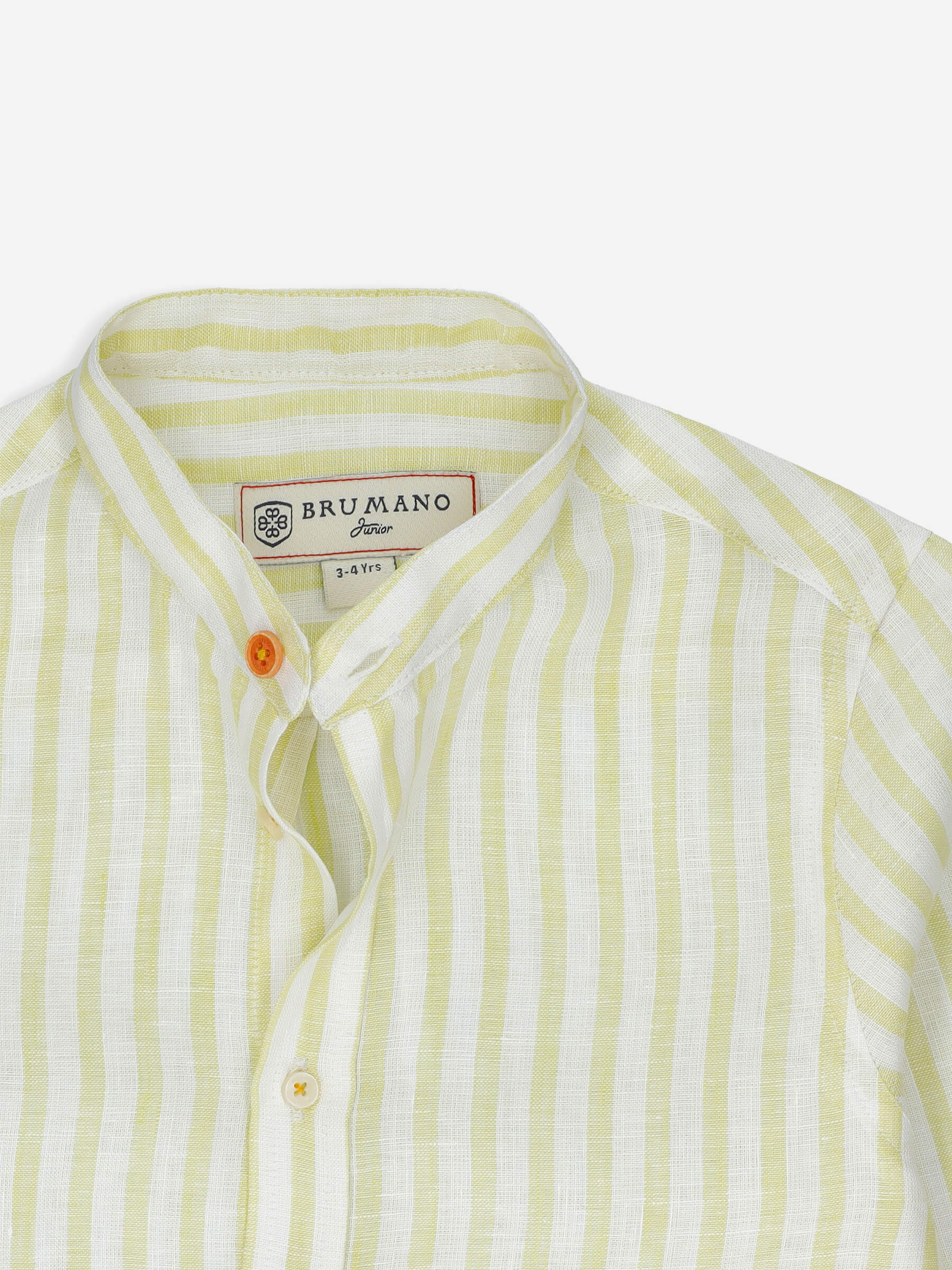 Yellow Striped 100% Linen Mao Collar Casual Shirt