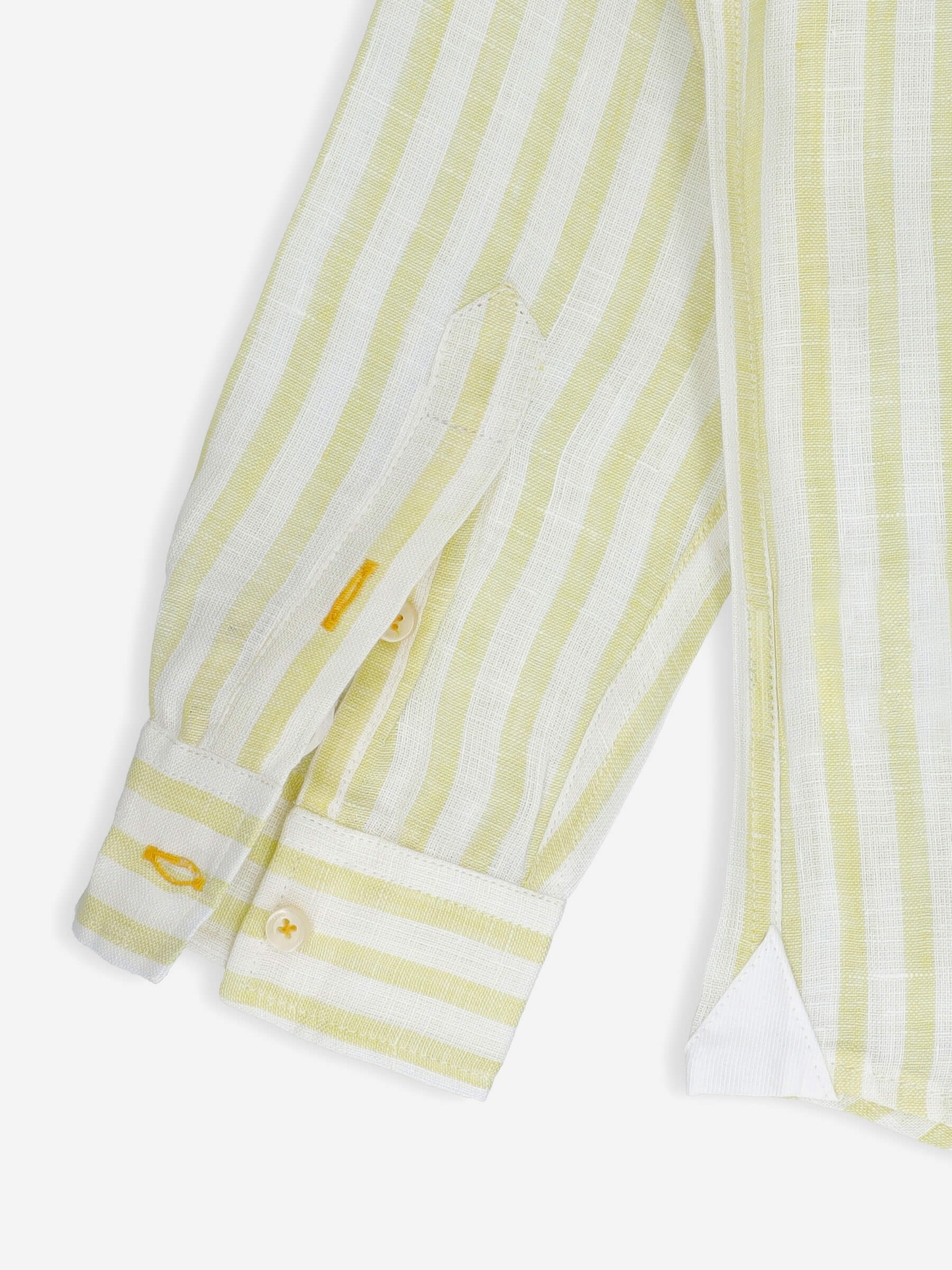 Yellow Striped 100% Linen Mao Collar Casual Shirt