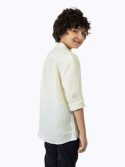 Yellow Striped 100% Linen Mao Collar Casual Shirt