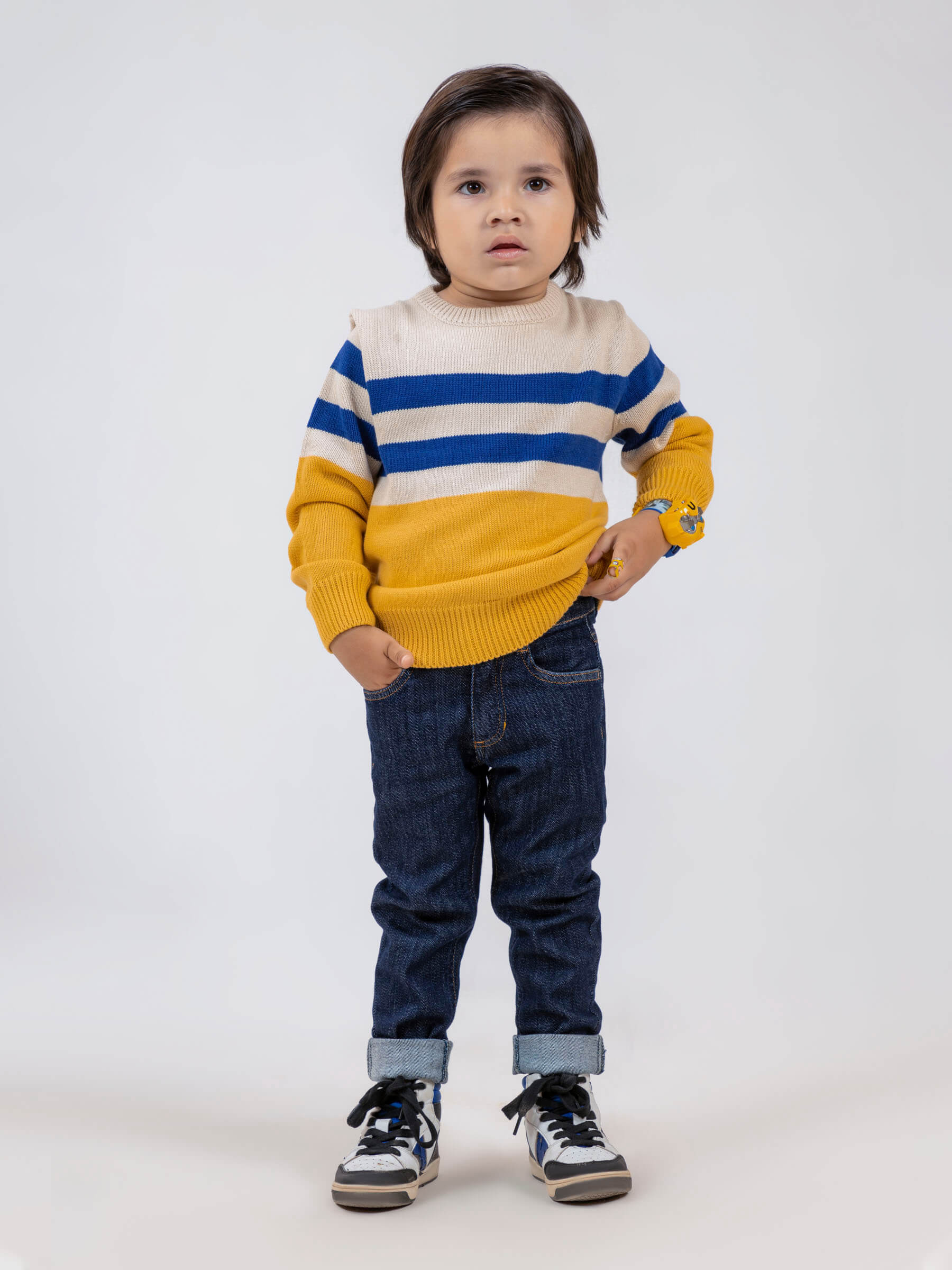 Yellow & Beige Striped Crew Neck Casual Jumper