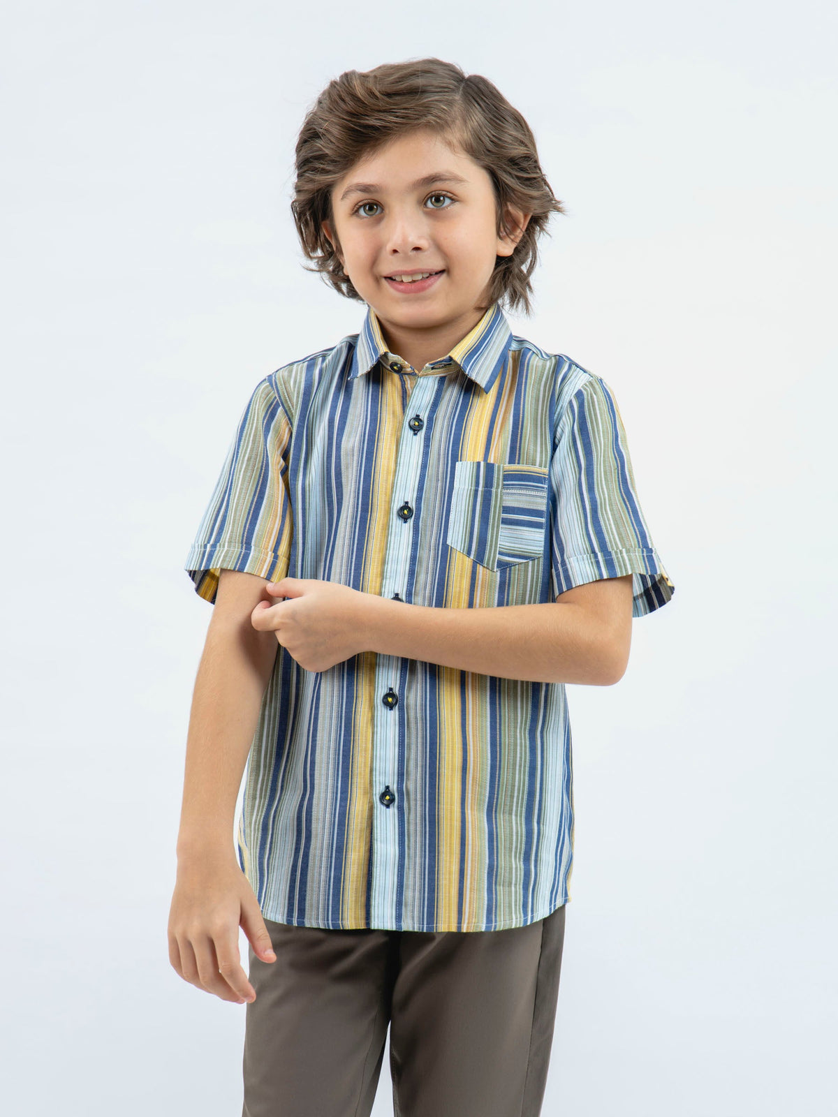 Yellow & Blue Striped Half Sleeve Casual Shirt