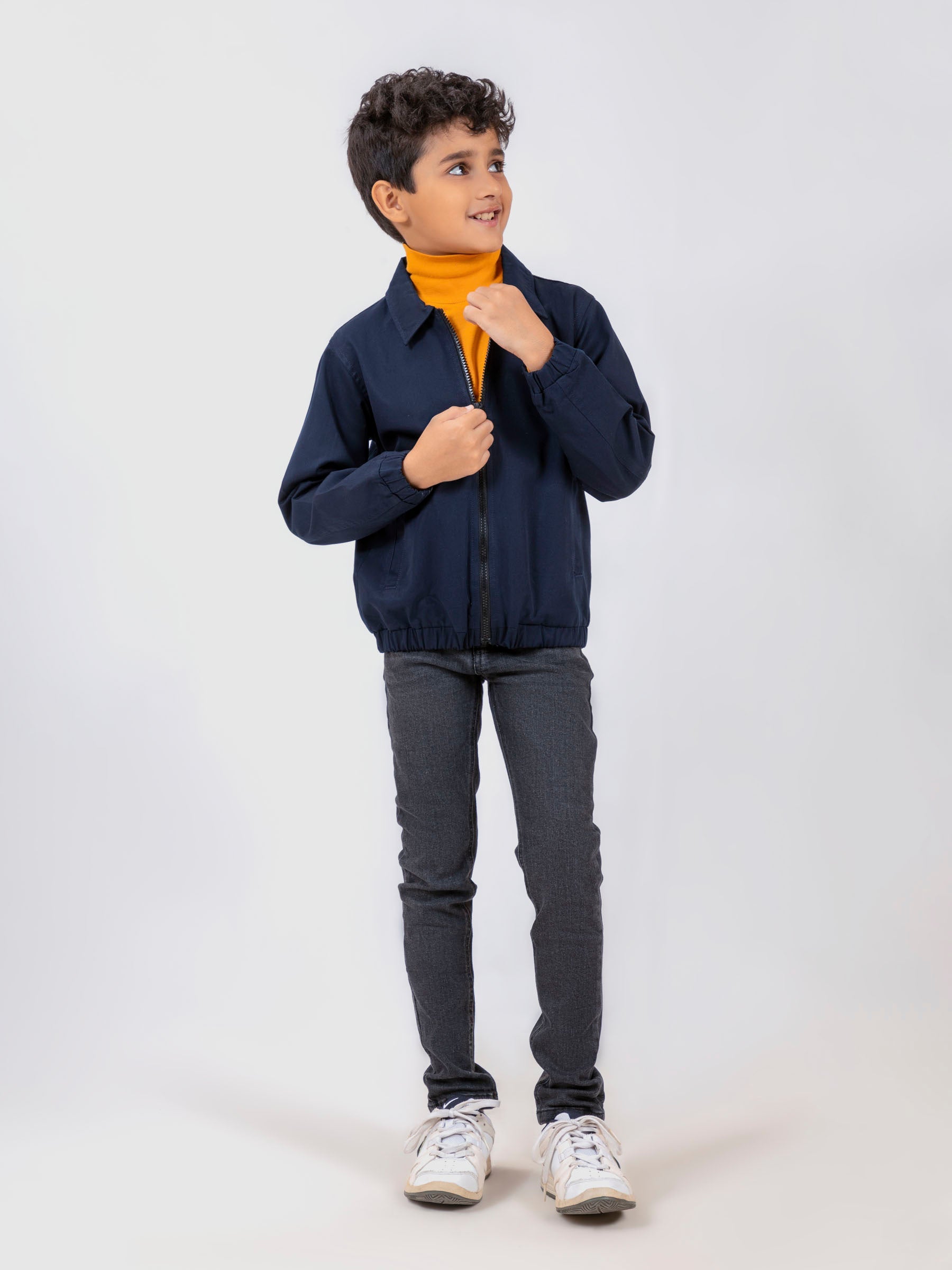 Navy Blue Cotton Twill Casual Collar Jacket