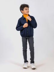 Navy Blue Cotton Twill Casual Collar Jacket